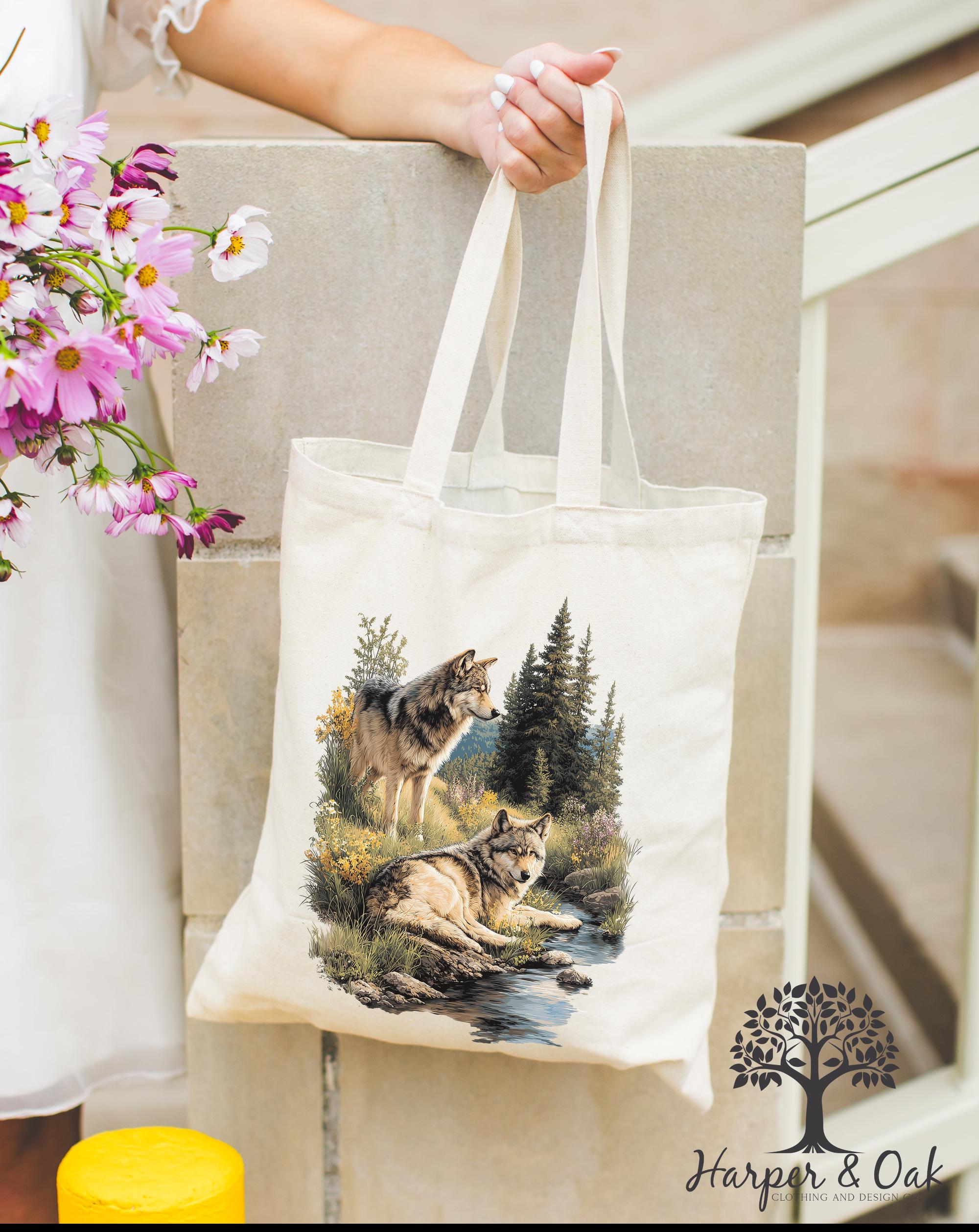 Retro Wolf Tote Bag, Nature Vintage Wildlife Canvas Tote, Boho Unisex Cabincore Bag, Rustic Wolf Tote, Cozy Nostalgia Tote