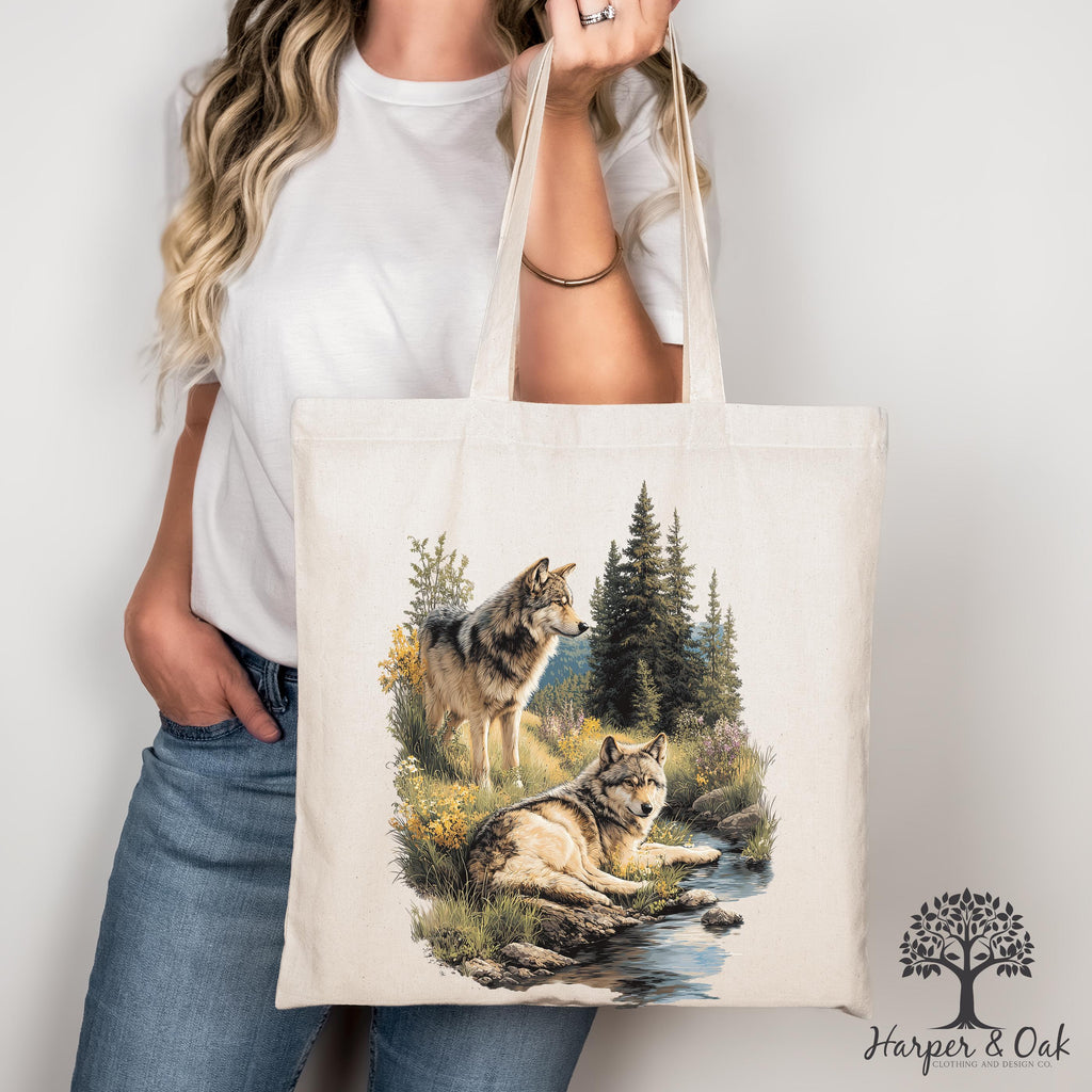 Retro Wolf Tote Bag, Nature Vintage Wildlife Canvas Tote, Boho Unisex Cabincore Bag, Rustic Wolf Tote, Cozy Nostalgia Tote