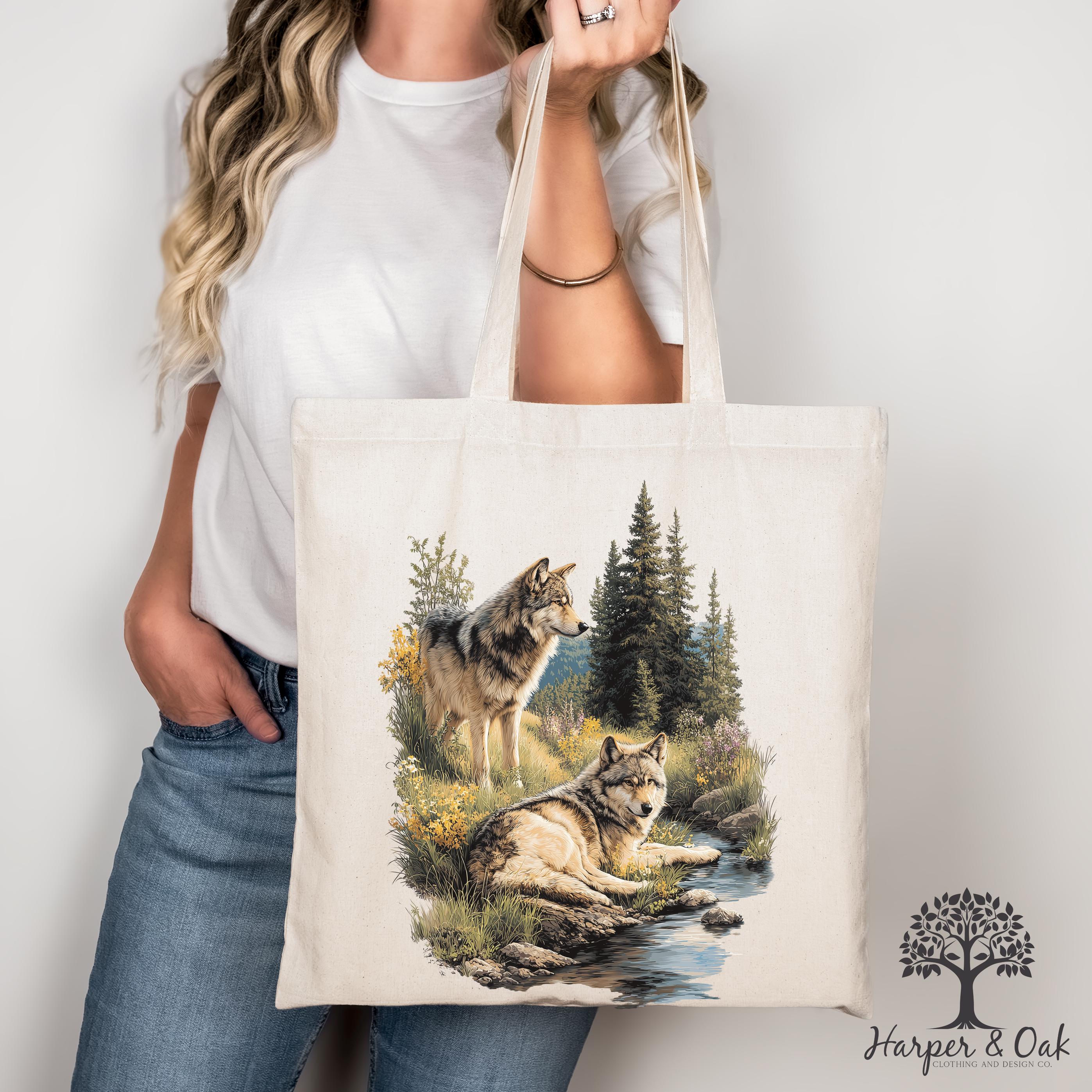 Retro Wolf Tote Bag, Nature Vintage Wildlife Canvas Tote, Boho Unisex Cabincore Bag, Rustic Wolf Tote, Cozy Nostalgia Tote