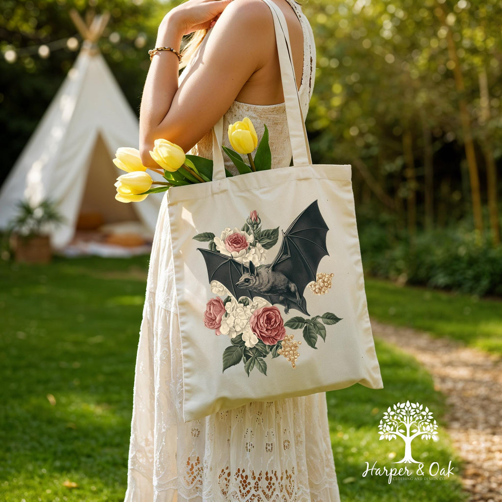 Dark Academia Bat Tote Bag, Gothic Cottagecore Canvas Tote, Bats 90s Graphic Bag, Goblincore Tote Bag