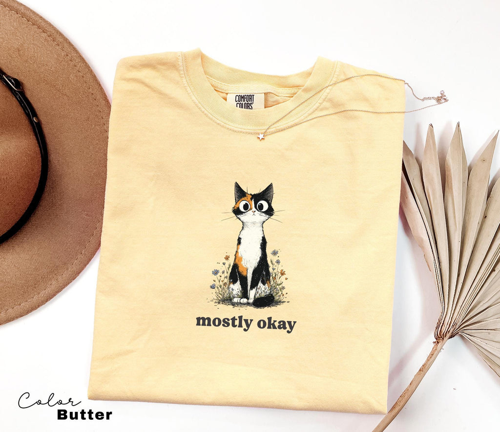 Funny Mental Health Cat Shirt, Mostly Okay, Cute Cat Meme T-Shirt, Funny Sarcastic Kitten Tee, Comfort Colors