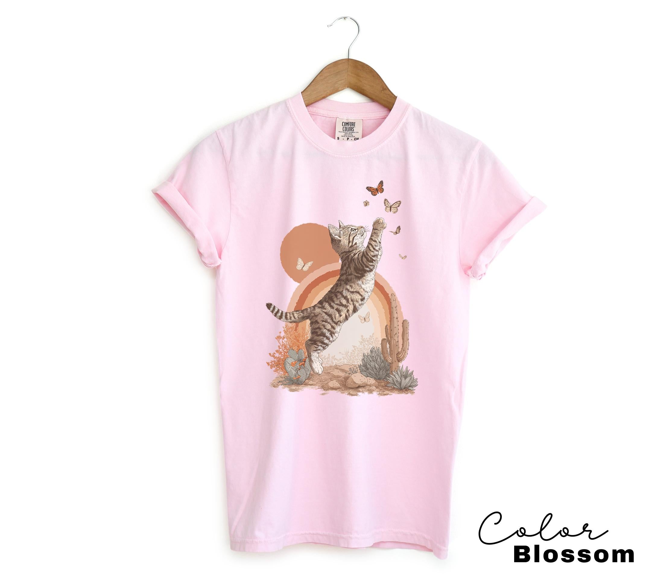 Retro Cute Kitten Butterfly 90s Graphic Tshirt, Kitten Rainbow Tee, Desert Cactus Shirt, Southwest Cactus Tee,