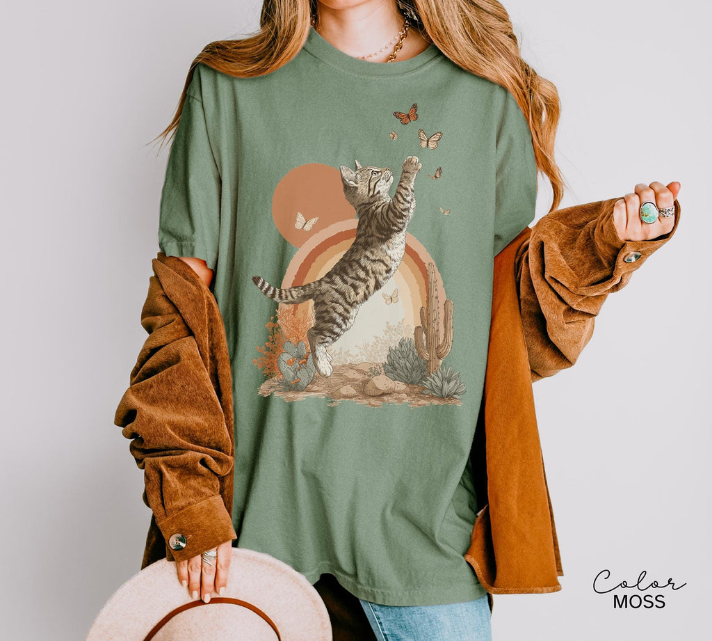 Retro Cute Kitten Butterfly 90s Graphic Tshirt, Kitten Rainbow Tee, Desert Cactus Shirt, Southwest Cactus Tee,