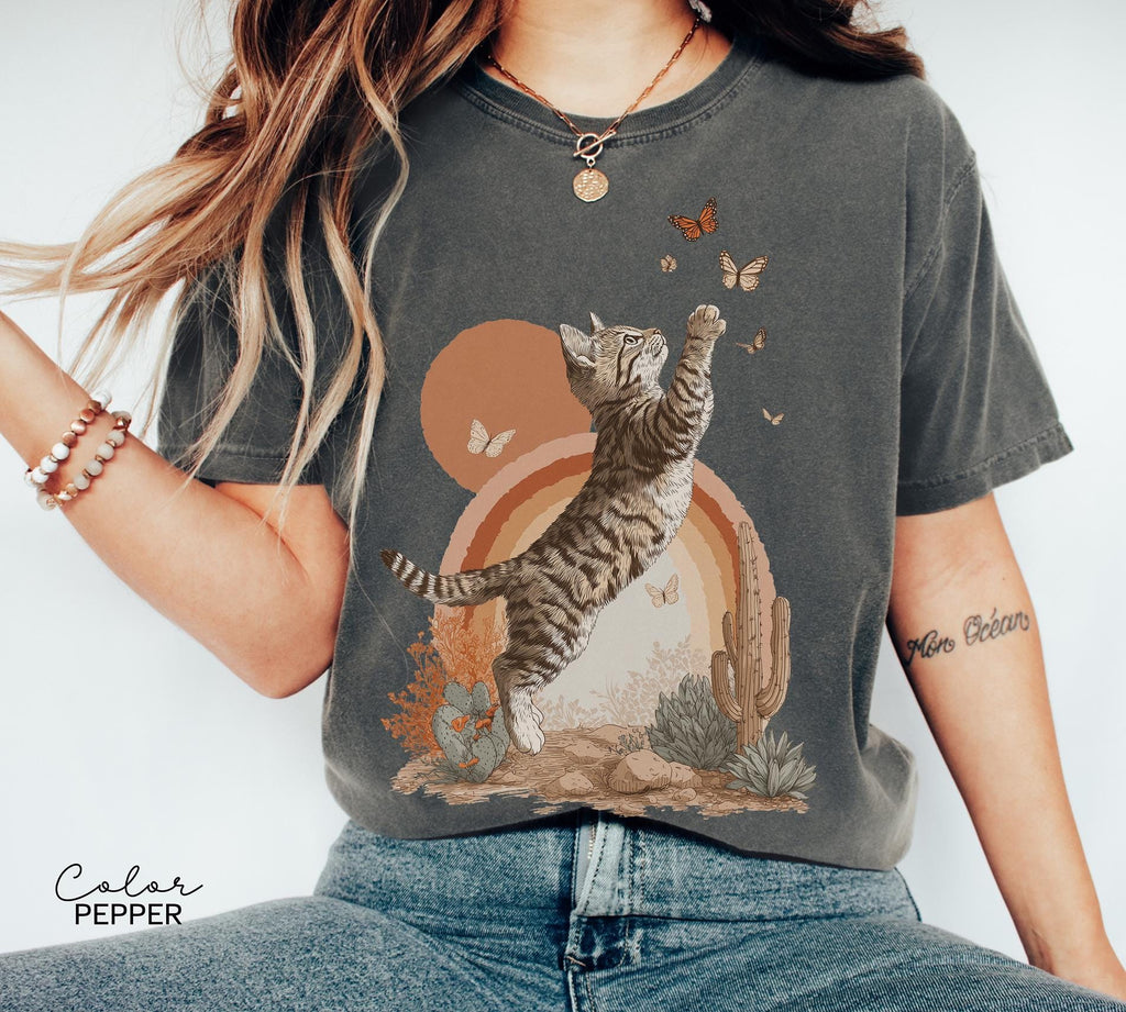 Retro Cute Kitten Butterfly 90s Graphic Tshirt, Kitten Rainbow Tee, Desert Cactus Shirt, Southwest Cactus Tee,