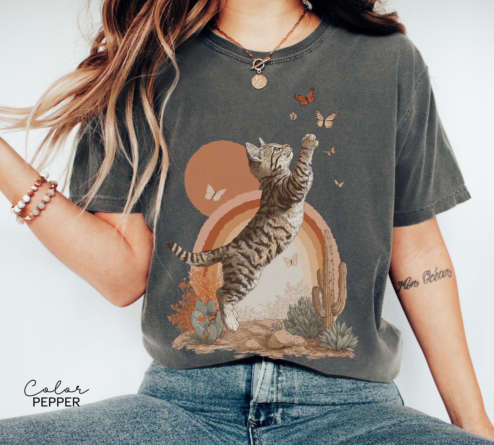 Retro Cute Kitten Butterfly 90s Graphic Tshirt, Kitten Rainbow Tee, Desert Cactus Shirt, Southwest Cactus Tee,
