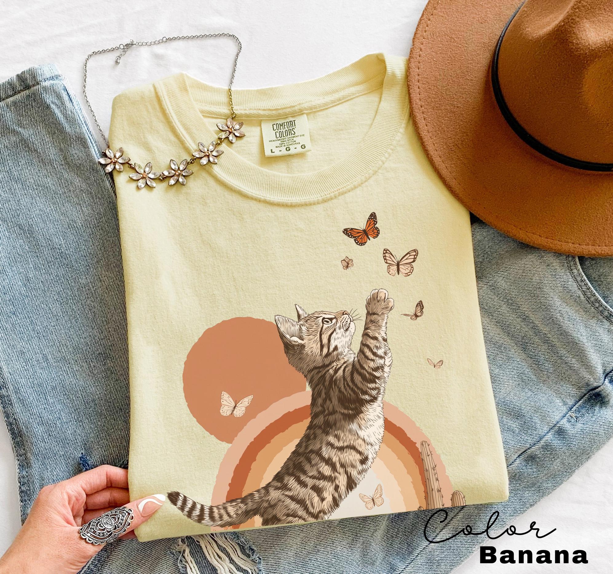 Retro Cute Kitten Butterfly 90s Graphic Tshirt, Kitten Rainbow Tee, Desert Cactus Shirt, Southwest Cactus Tee,