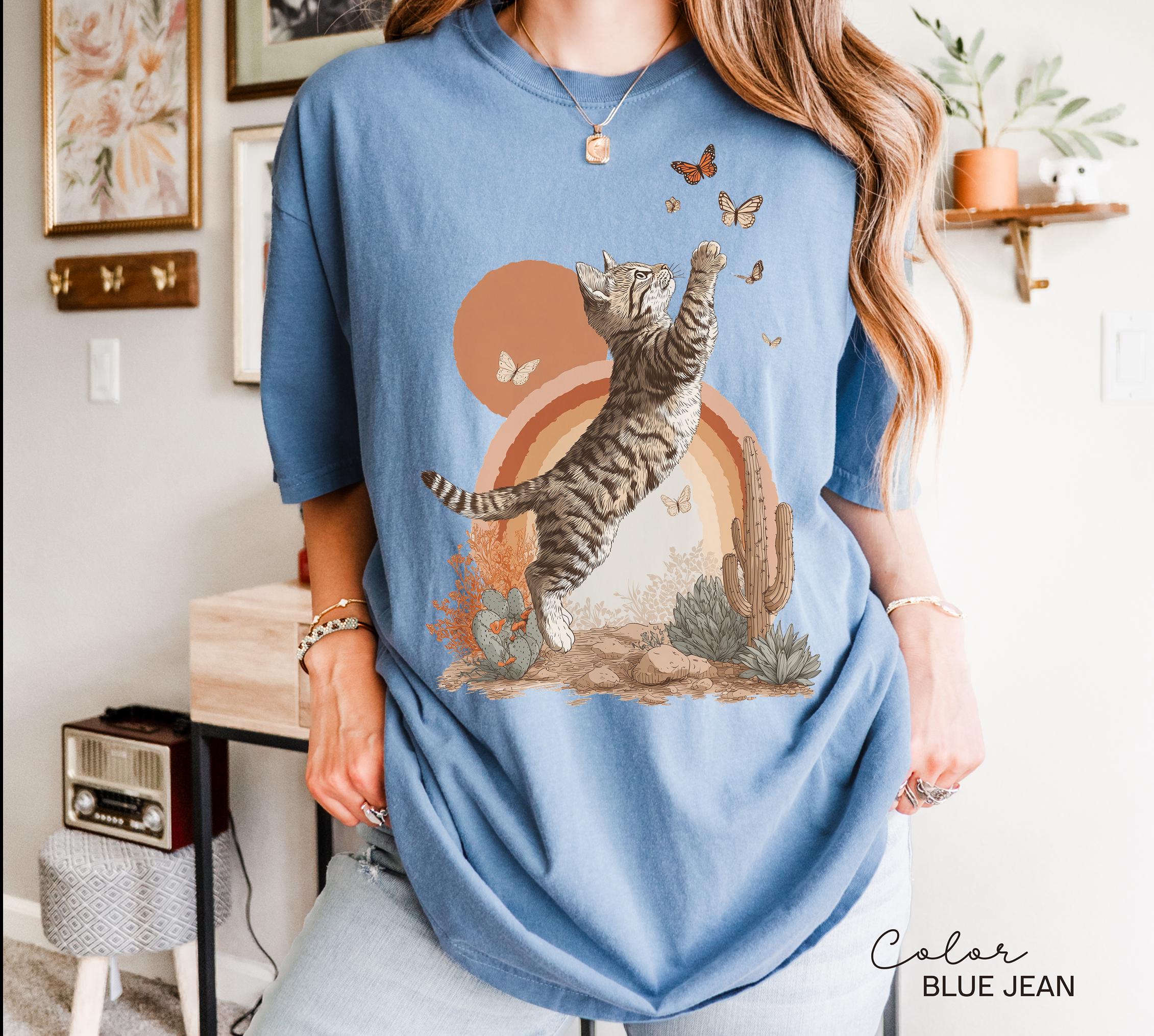 Retro Cute Kitten Butterfly 90s Graphic Tshirt, Kitten Rainbow Tee, Desert Cactus Shirt, Southwest Cactus Tee,