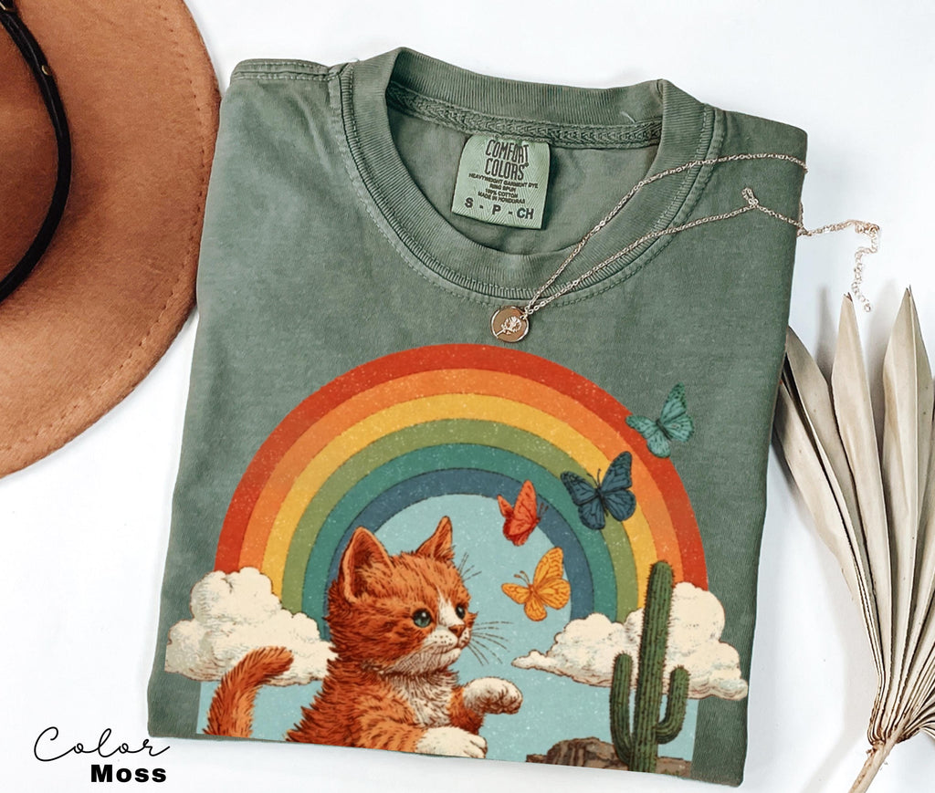 Retro Cute Kitten Butterfly 90s Graphic Tshirt, Kitten Rainbow Tee, Desert Cactus Shirt, Southwest Cactus Tee,