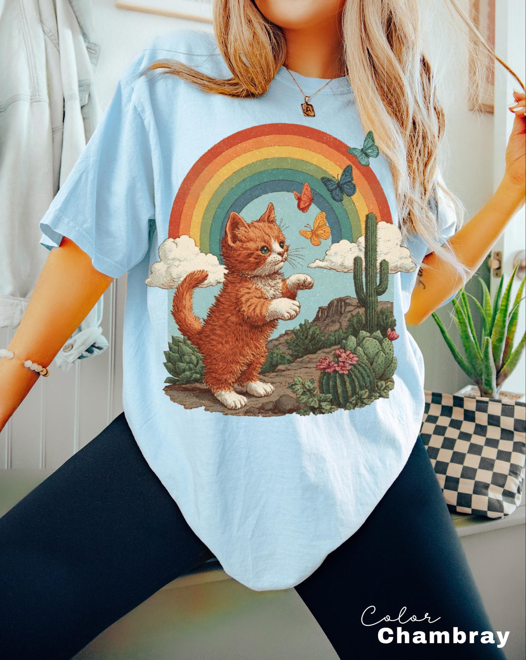 Retro Cute Kitten Butterfly 90s Graphic Tshirt, Kitten Rainbow Tee, Desert Cactus Shirt, Southwest Cactus Tee,