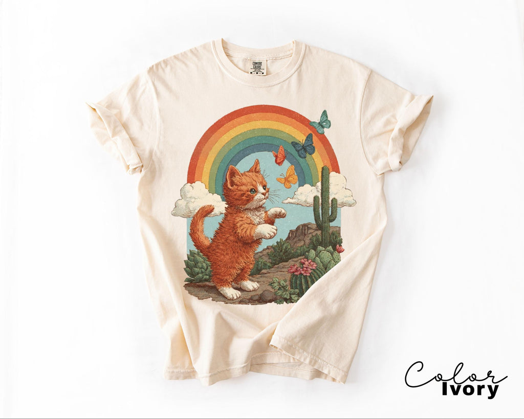 Retro Cute Kitten Butterfly 90s Graphic Tshirt, Kitten Rainbow Tee, Desert Cactus Shirt, Southwest Cactus Tee,