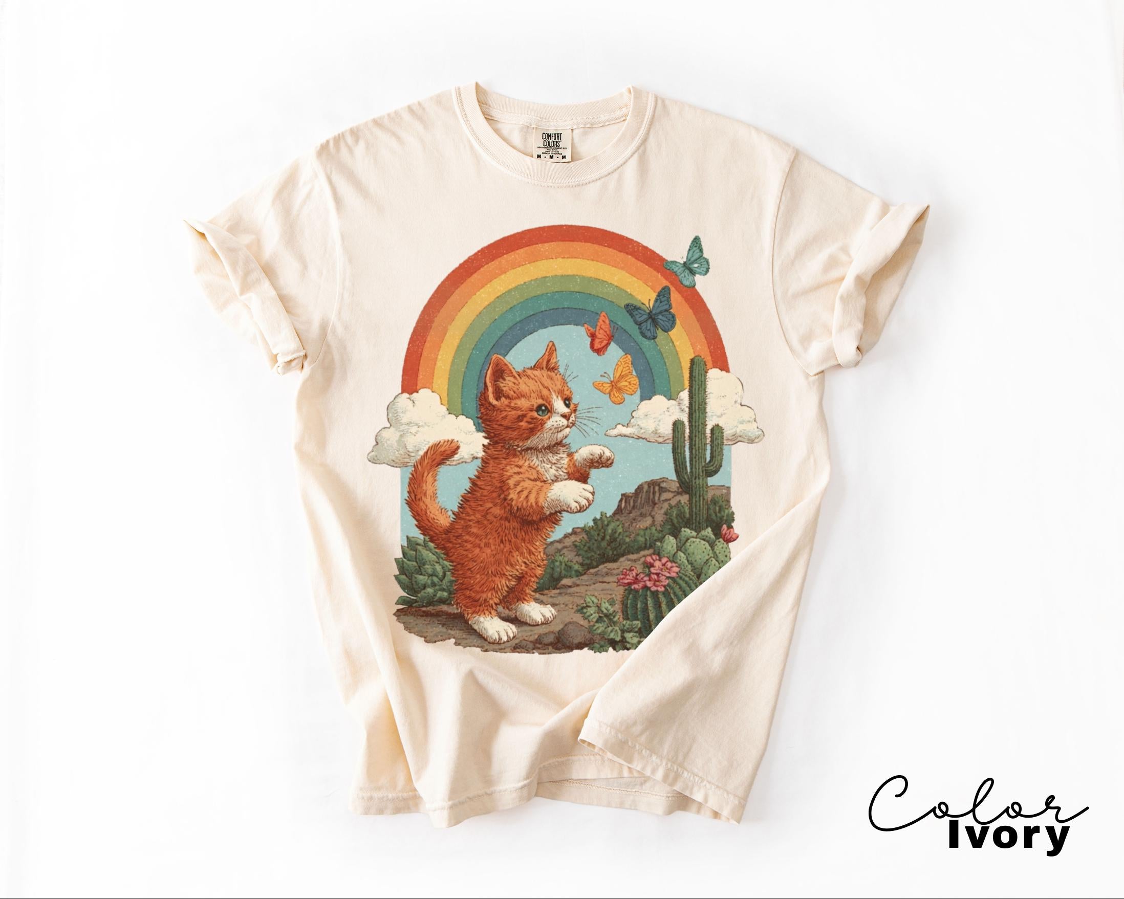 Retro Cute Kitten Butterfly 90s Graphic Tshirt, Kitten Rainbow Tee, Desert Cactus Shirt, Southwest Cactus Tee,