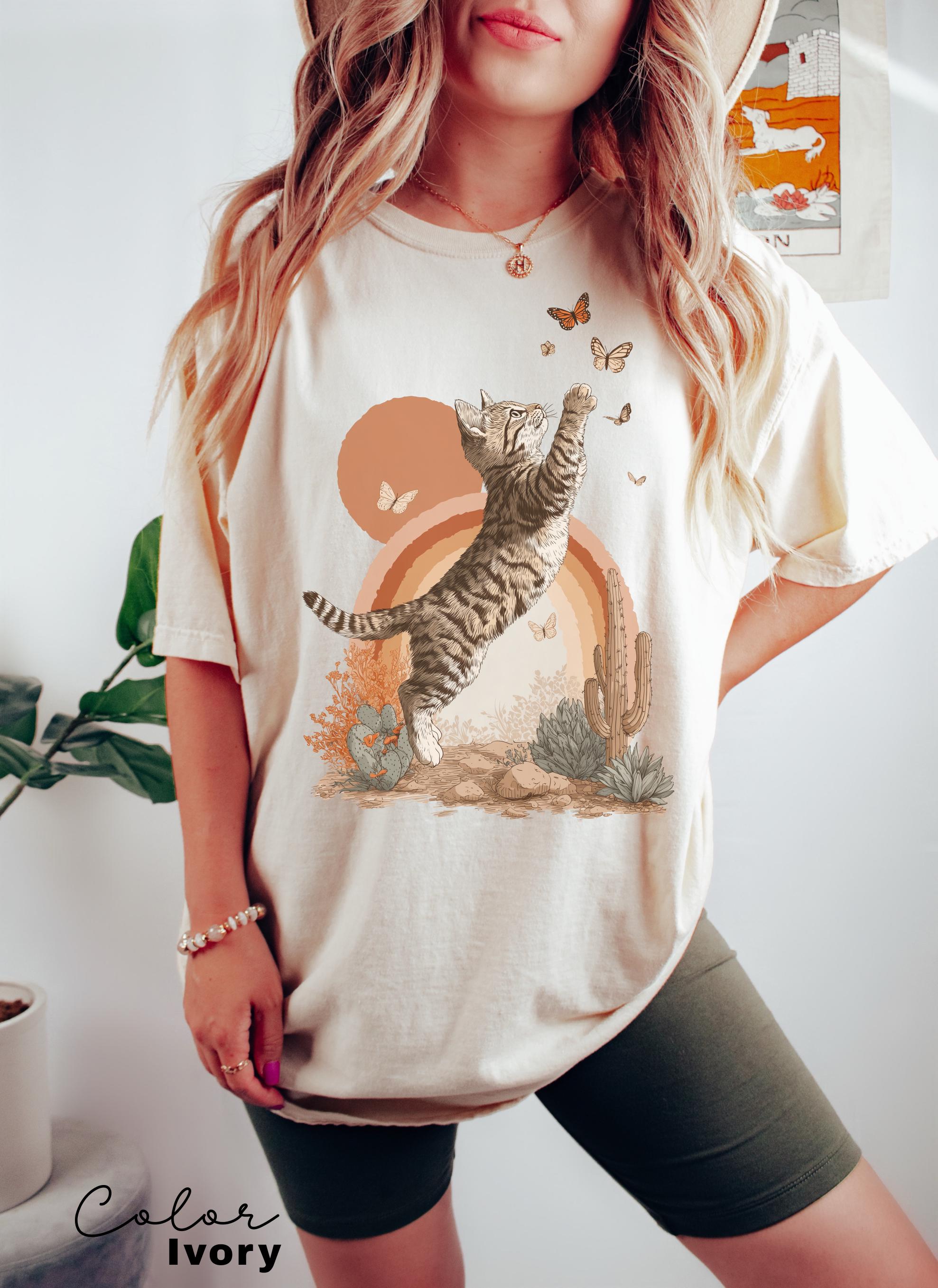 Retro Cute Kitten Butterfly 90s Graphic Tshirt, Kitten Rainbow Tee, Desert Cactus Shirt, Southwest Cactus Tee,