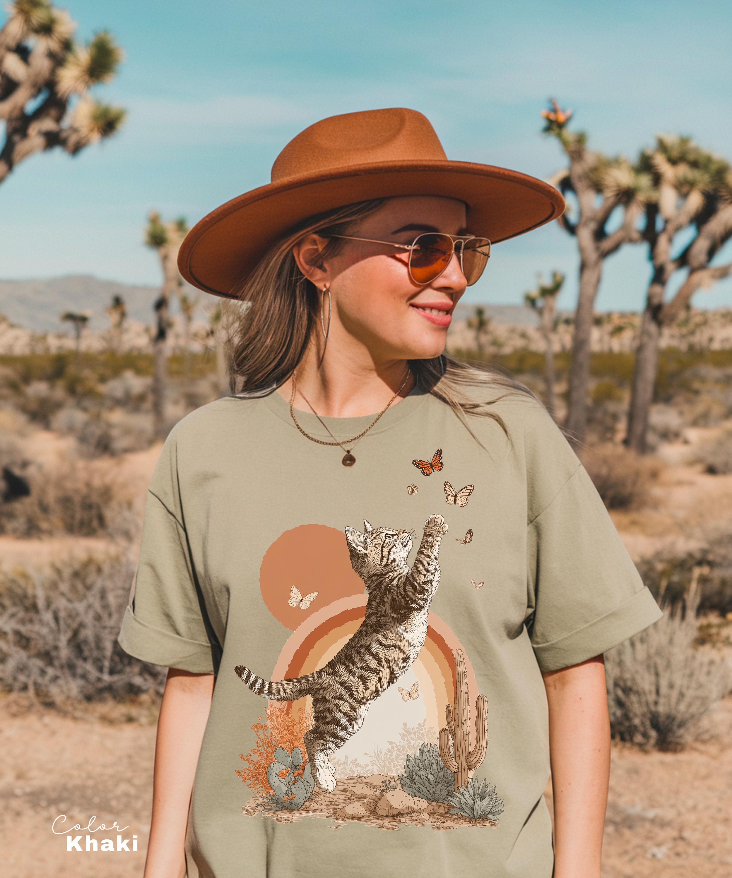 Retro Cute Kitten Butterfly 90s Graphic Tshirt, Kitten Rainbow Tee, Desert Cactus Shirt, Southwest Cactus Tee,