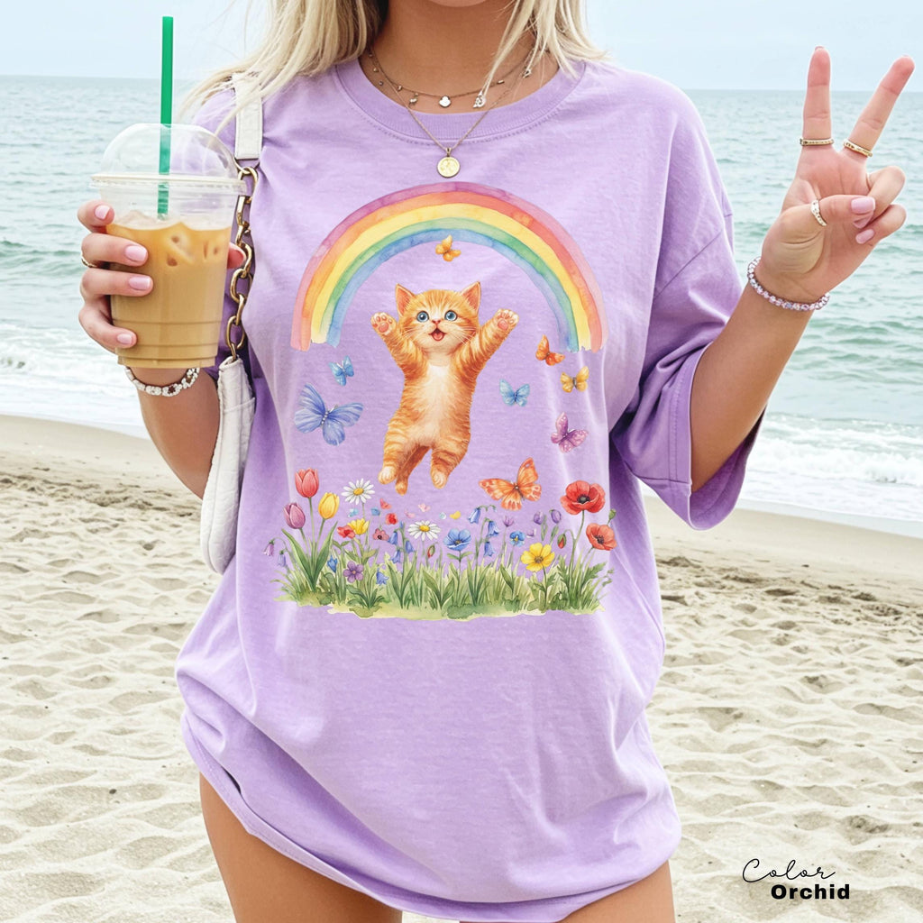 Retro Kitten Shirt Rainbow Shirt, Cat Lover Gift, Spring Cat Shirt, Colorful Kitten Spring Tee