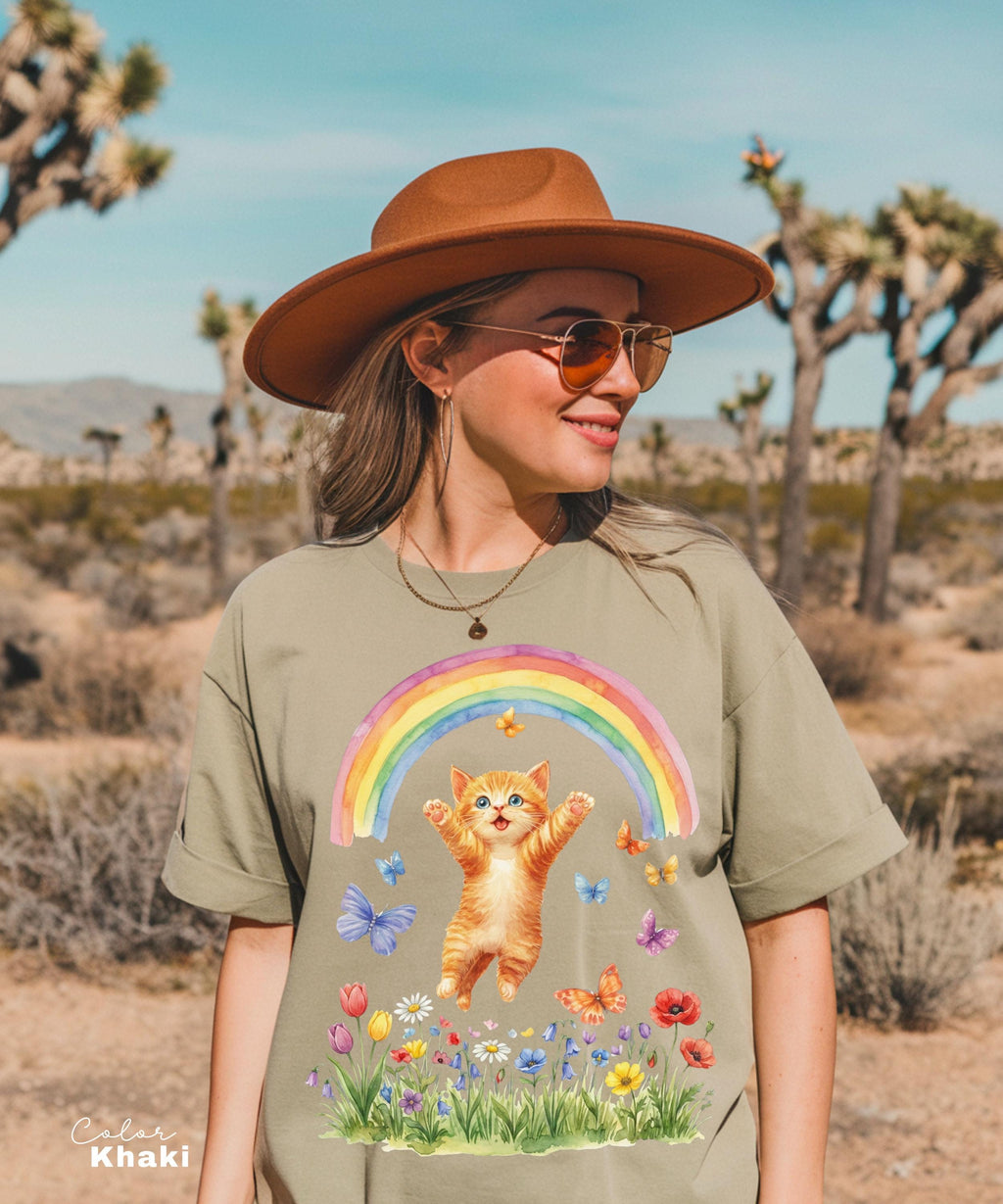 Retro Kitten Shirt Rainbow Shirt, Cat Lover Gift, Spring Cat Shirt, Colorful Kitten Spring Tee