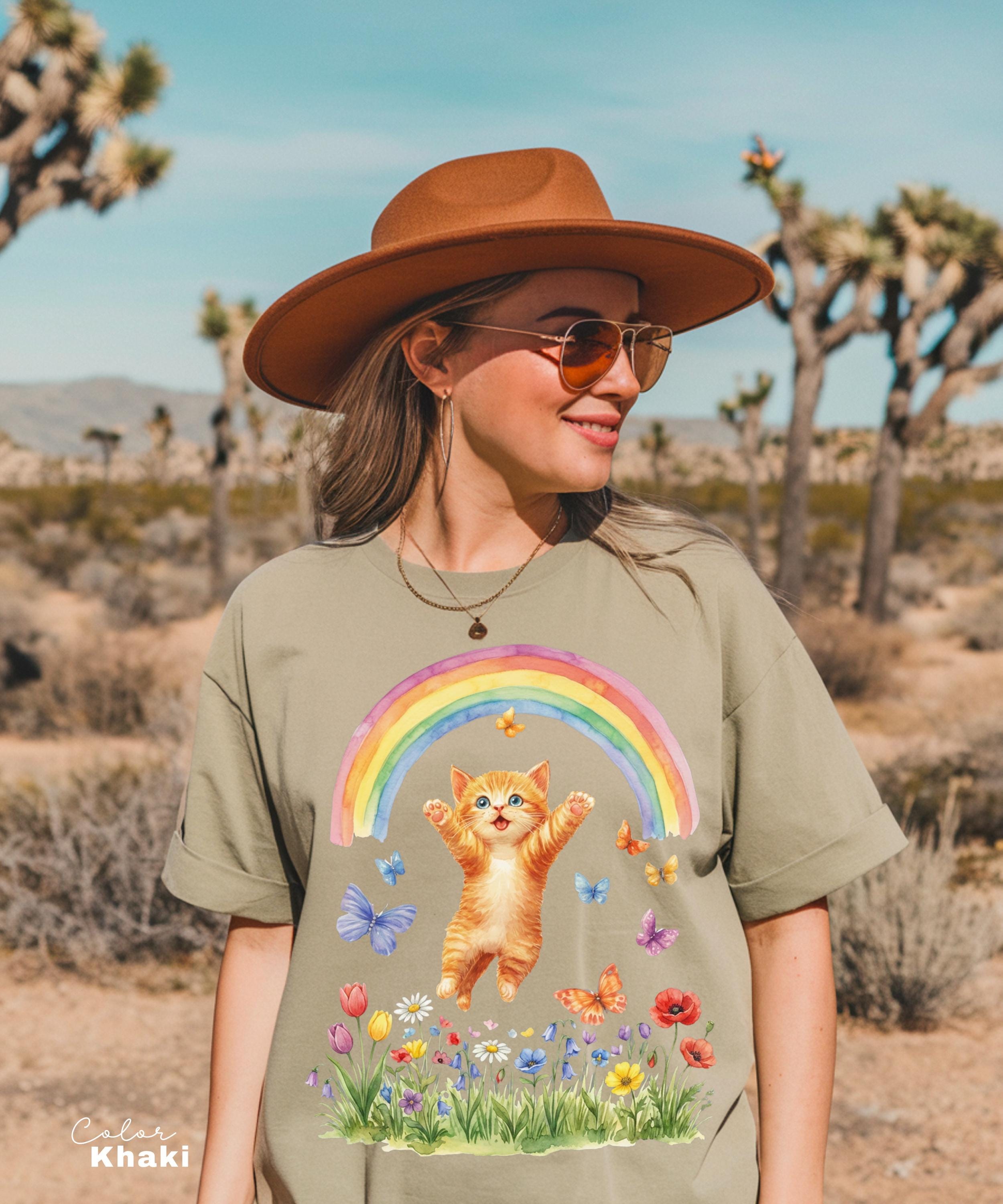Retro Kitten Shirt Rainbow Shirt, Cat Lover Gift, Spring Cat Shirt, Colorful Kitten Spring Tee