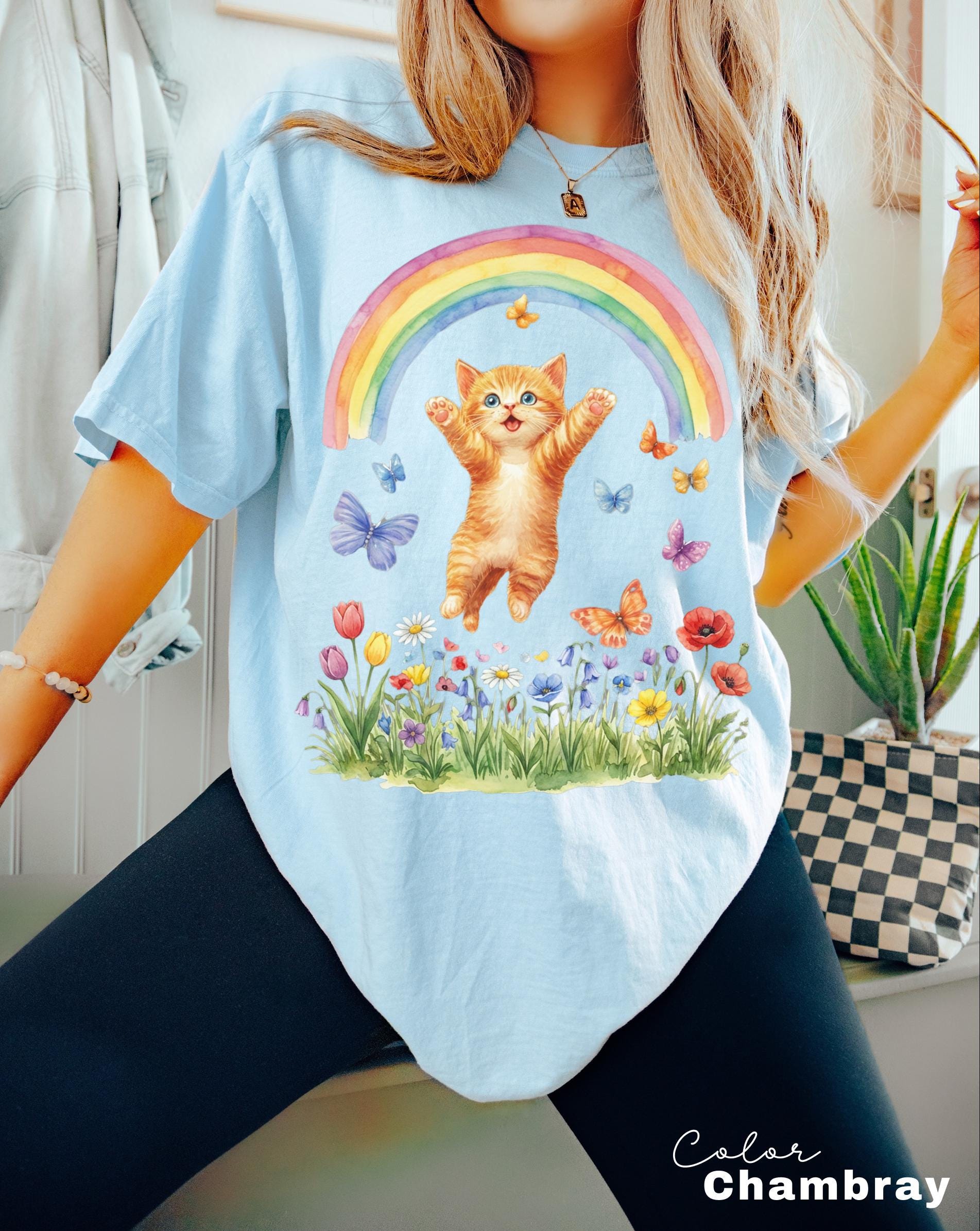 Retro Kitten Shirt Rainbow Shirt, Cat Lover Gift, Spring Cat Shirt, Colorful Kitten Spring Tee