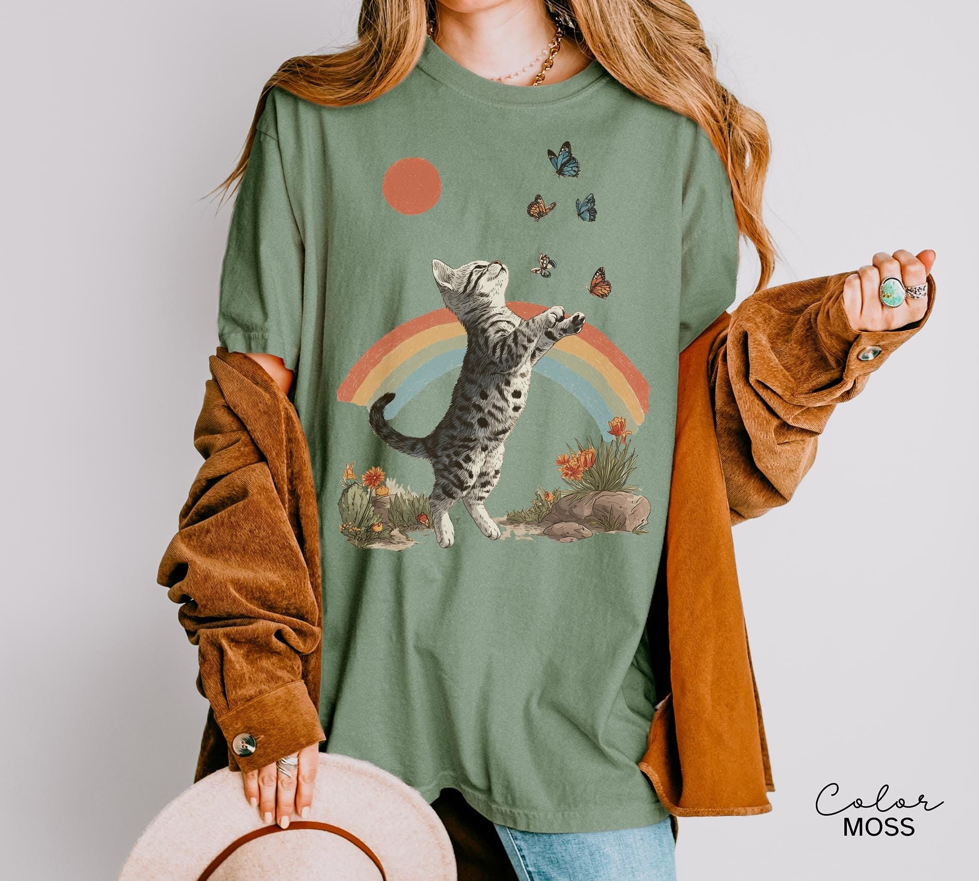 Retro Cute Kitten Butterfly 90s Graphic Tshirt, Kitten Rainbow Tee, Desert Cactus Shirt, Southwest Cactus Tee,