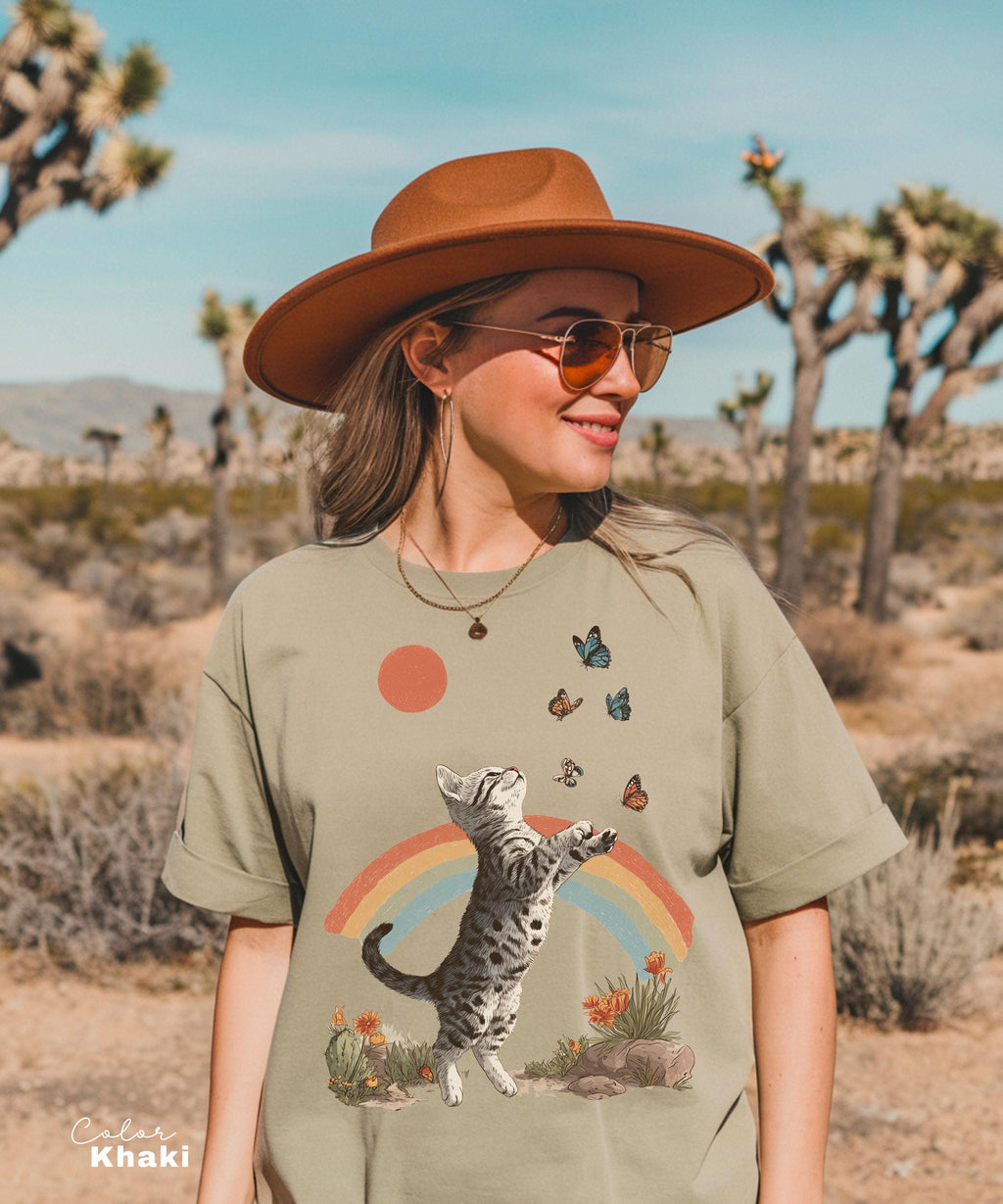 Retro Cute Kitten Butterfly 90s Graphic Tshirt, Kitten Rainbow Tee, Desert Cactus Shirt, Southwest Cactus Tee,