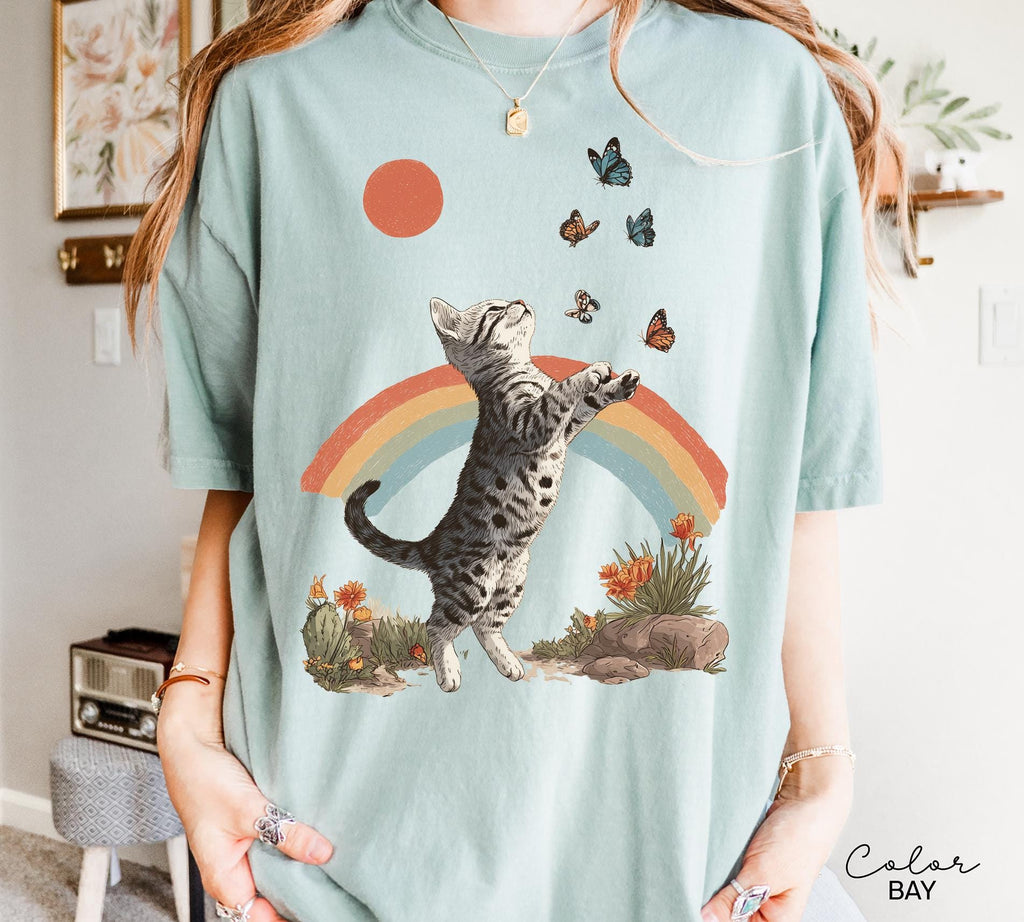 Retro Cute Kitten Butterfly 90s Graphic Tshirt, Kitten Rainbow Tee, Desert Cactus Shirt, Southwest Cactus Tee,