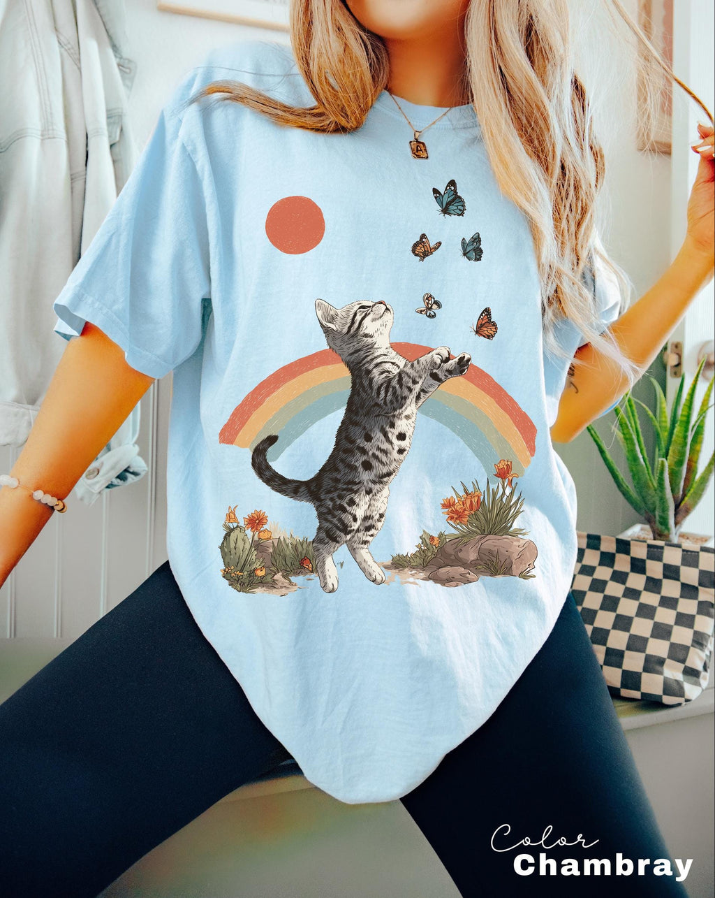 Retro Cute Kitten Butterfly 90s Graphic Tshirt, Kitten Rainbow Tee, Desert Cactus Shirt, Southwest Cactus Tee,