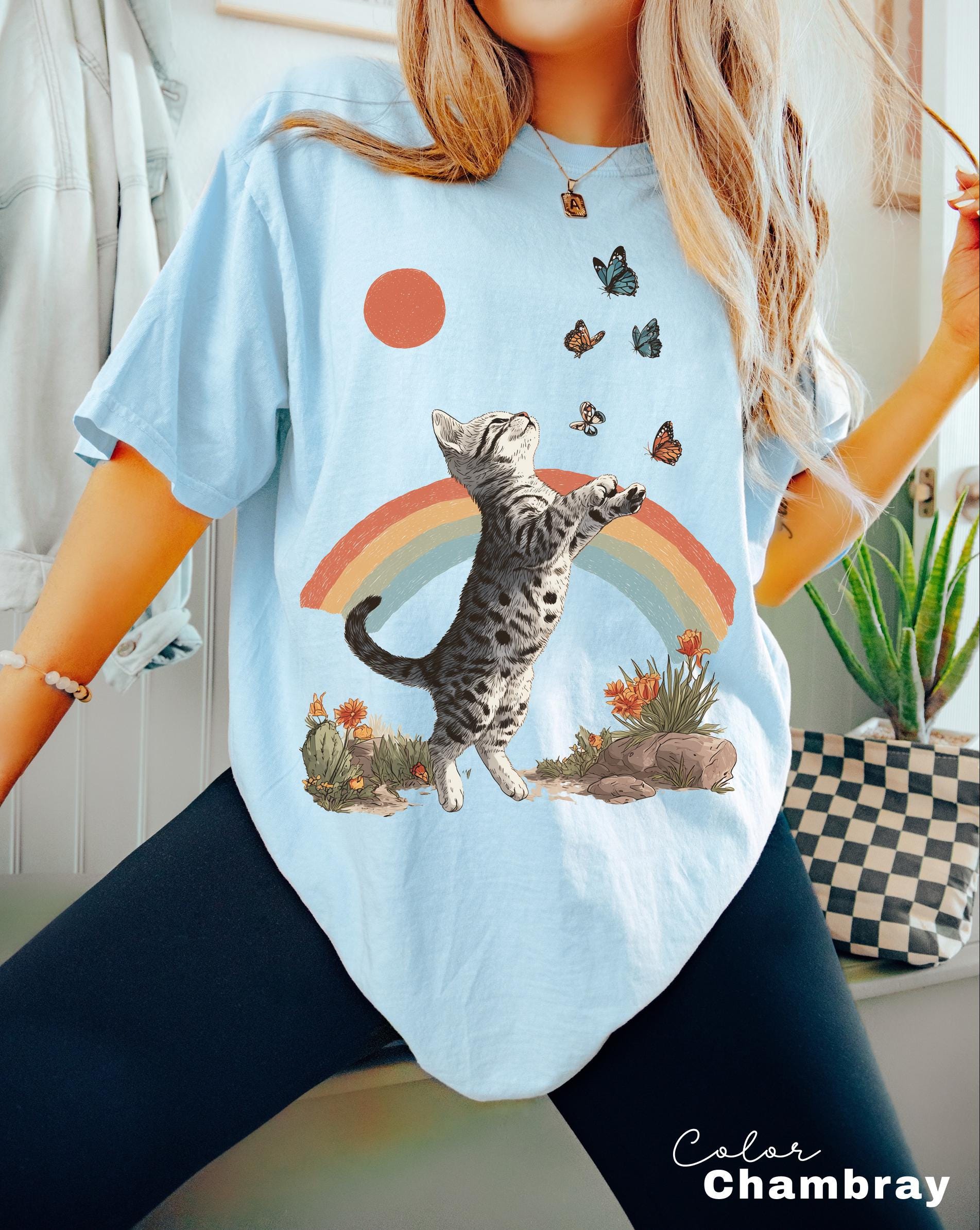 Retro Cute Kitten Butterfly 90s Graphic Tshirt, Kitten Rainbow Tee, Desert Cactus Shirt, Southwest Cactus Tee,