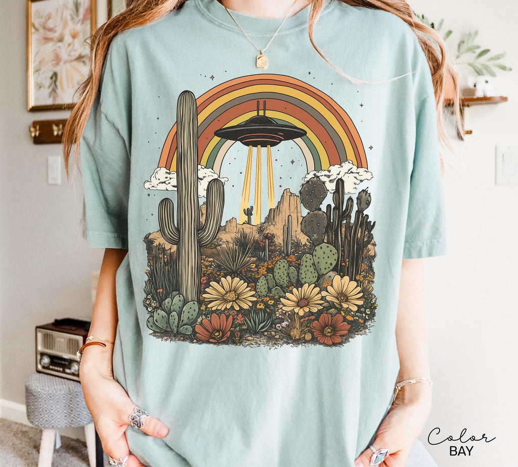 UFO Retro Desert Shirt, Western Comfort Colors T-Shirt, Vintage Rodeo Graphic Tee, New Mexico, Arizona Desert, Cactus, Rainbow Tee
