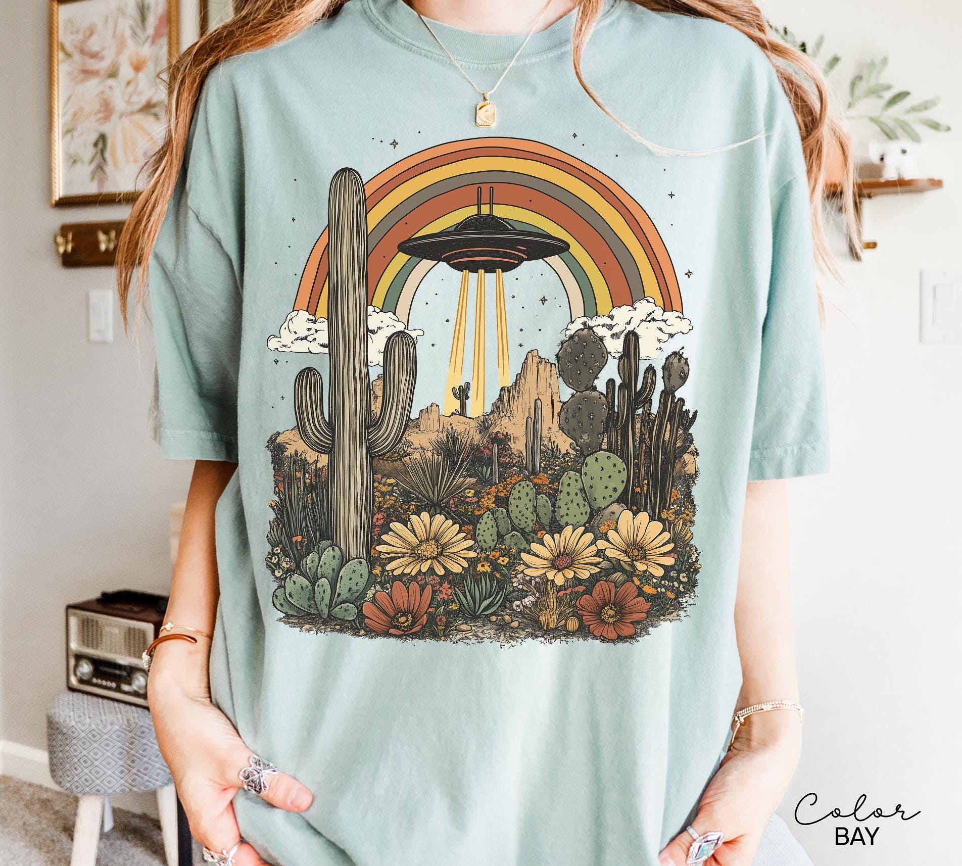 UFO Retro Desert Shirt, Western Comfort Colors T-Shirt, Vintage Rodeo Graphic Tee, New Mexico, Arizona Desert, Cactus, Rainbow Tee