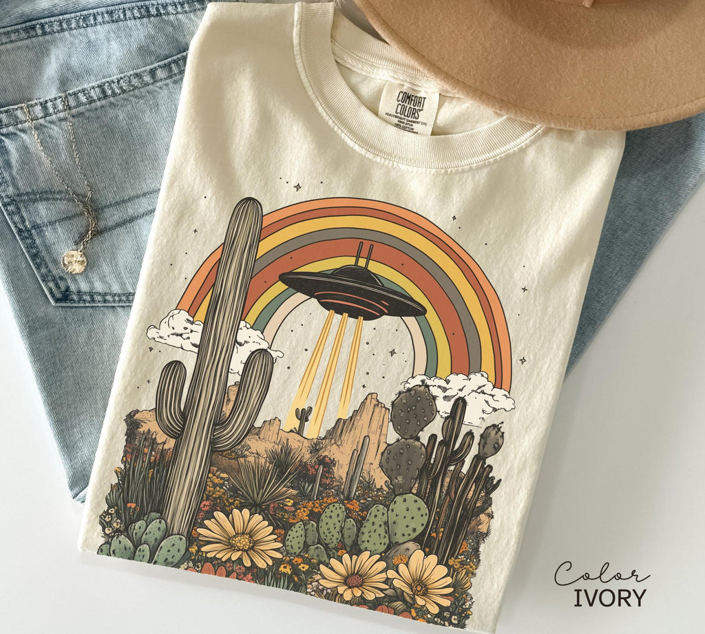 UFO Retro Desert Shirt, Western Comfort Colors T-Shirt, Vintage Rodeo Graphic Tee, New Mexico, Arizona Desert, Cactus, Rainbow Tee
