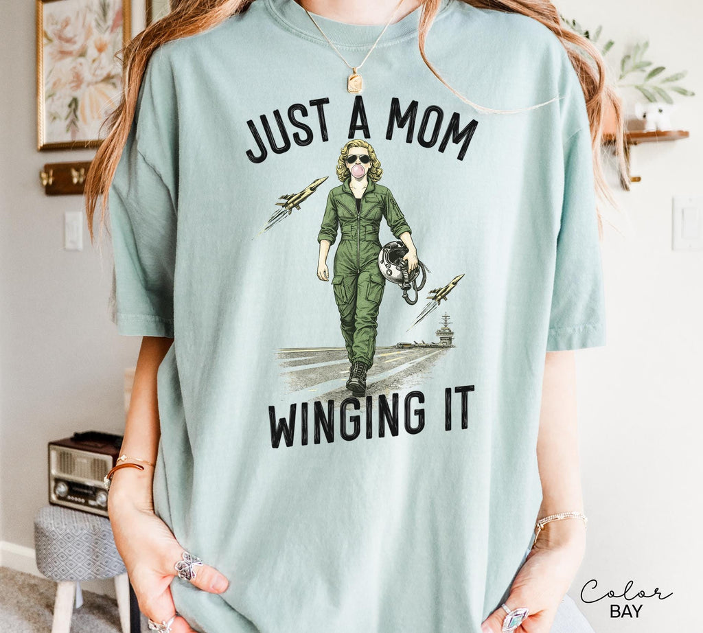 Just a Mom Winging It, Funny Retro Mom T-Shirt, Snarky Sarcastic Funny Mental Health Shirt