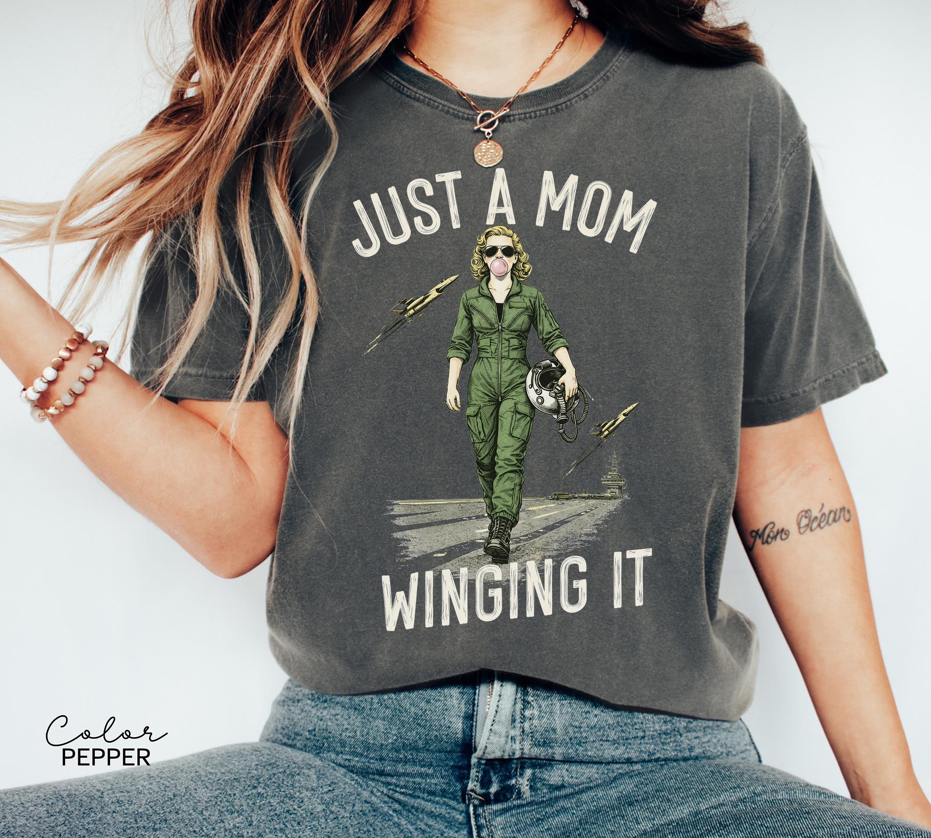 Just a Mom Winging It Funny Retro Mom T-Shirt