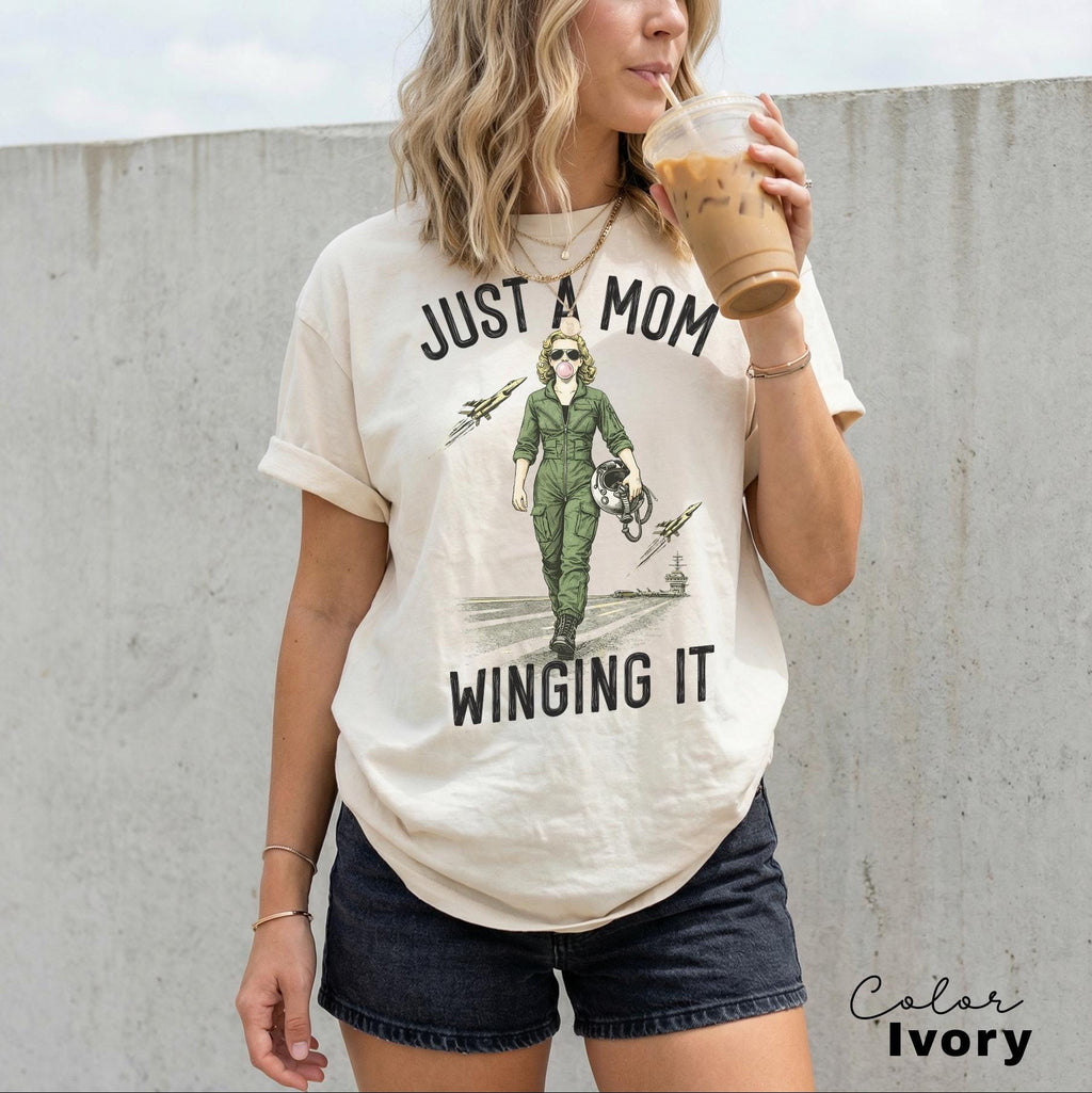 Just a Mom Winging It, Funny Retro Mom T-Shirt, Snarky Sarcastic Funny Mental Health Shirt