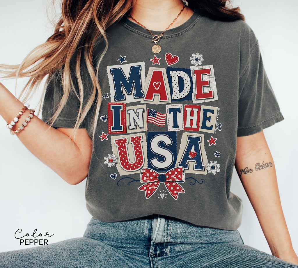 Made in the USA 4th of July Shirt, Patriotic T-shirt, Independence Day, 250th Anniversary, Coquette Collage Tee