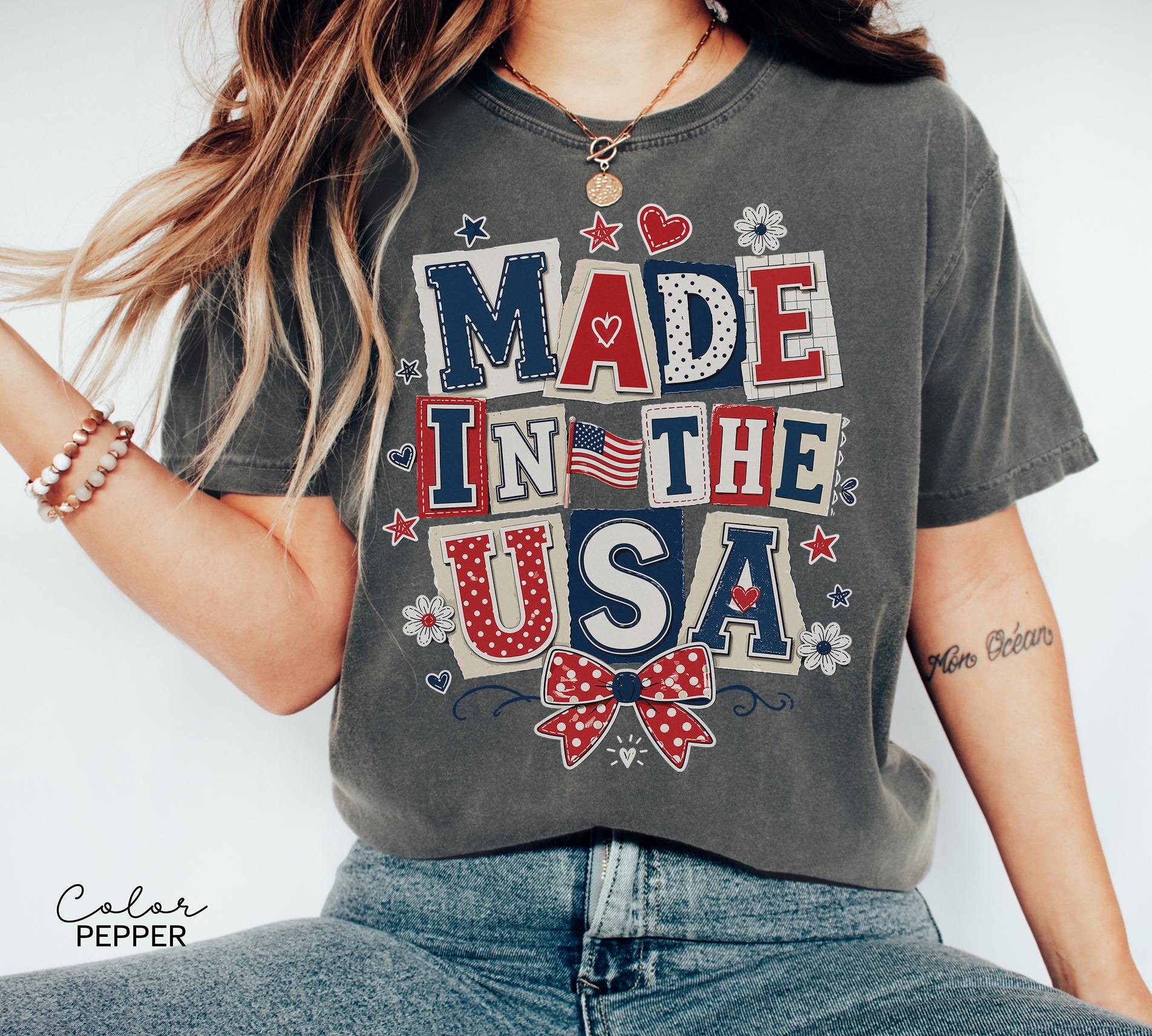 Made in the USA 4th of July Shirt, Patriotic T-shirt, Independence Day, 250th Anniversary, Coquette Collage Tee