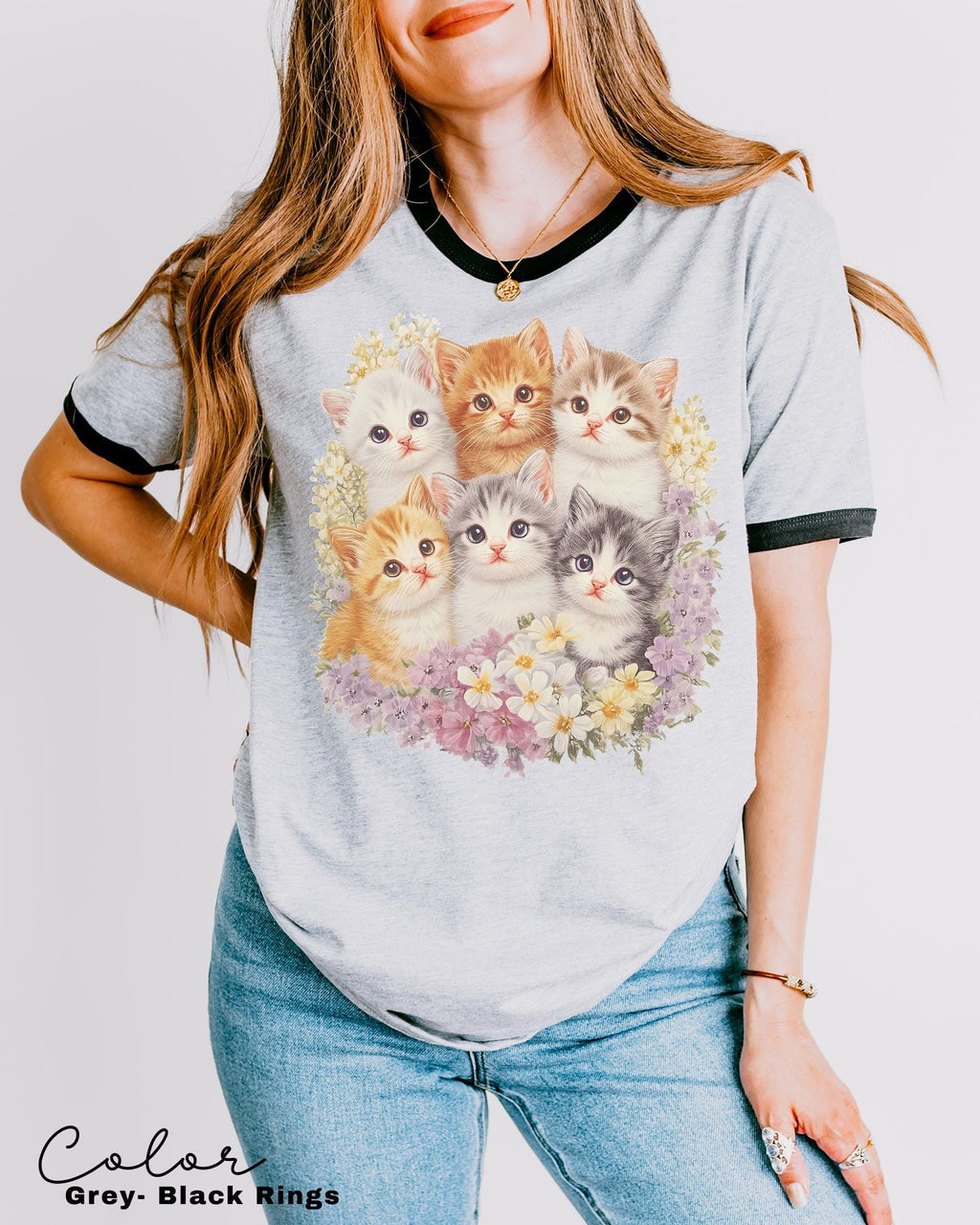 Retro Kitten Floral Ringer Shirt, 90s Vintage Cute Cats, Boho Unisex Floral Cat Butterfly Graphic, Retro Animal Top