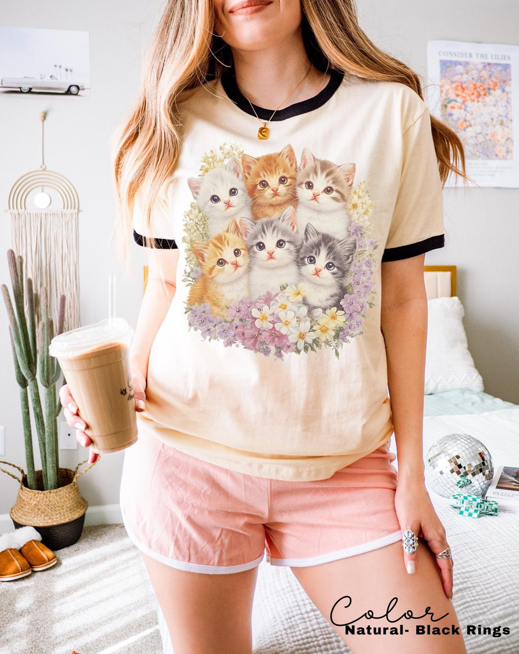 Retro Kitten Floral Ringer Shirt, 90s Vintage Cute Cats, Boho Unisex Floral Cat Butterfly Graphic, Retro Animal Top