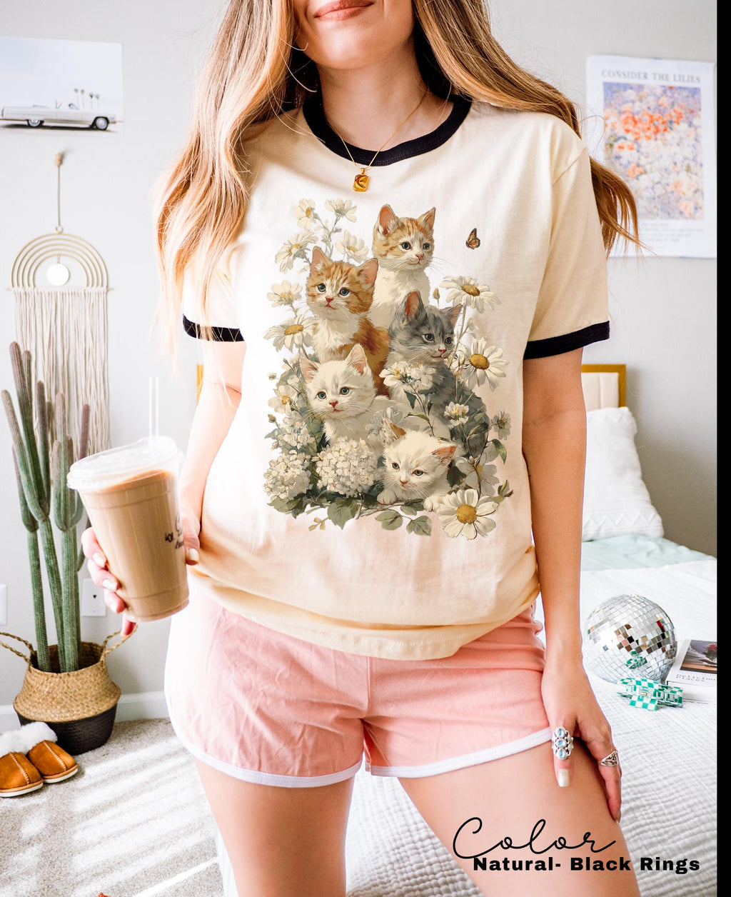Retro Kitten Floral Ringer Shirt, 90s Vintage Cute Cats, Boho Unisex Floral Cat Butterfly Graphic, Retro Animal Top