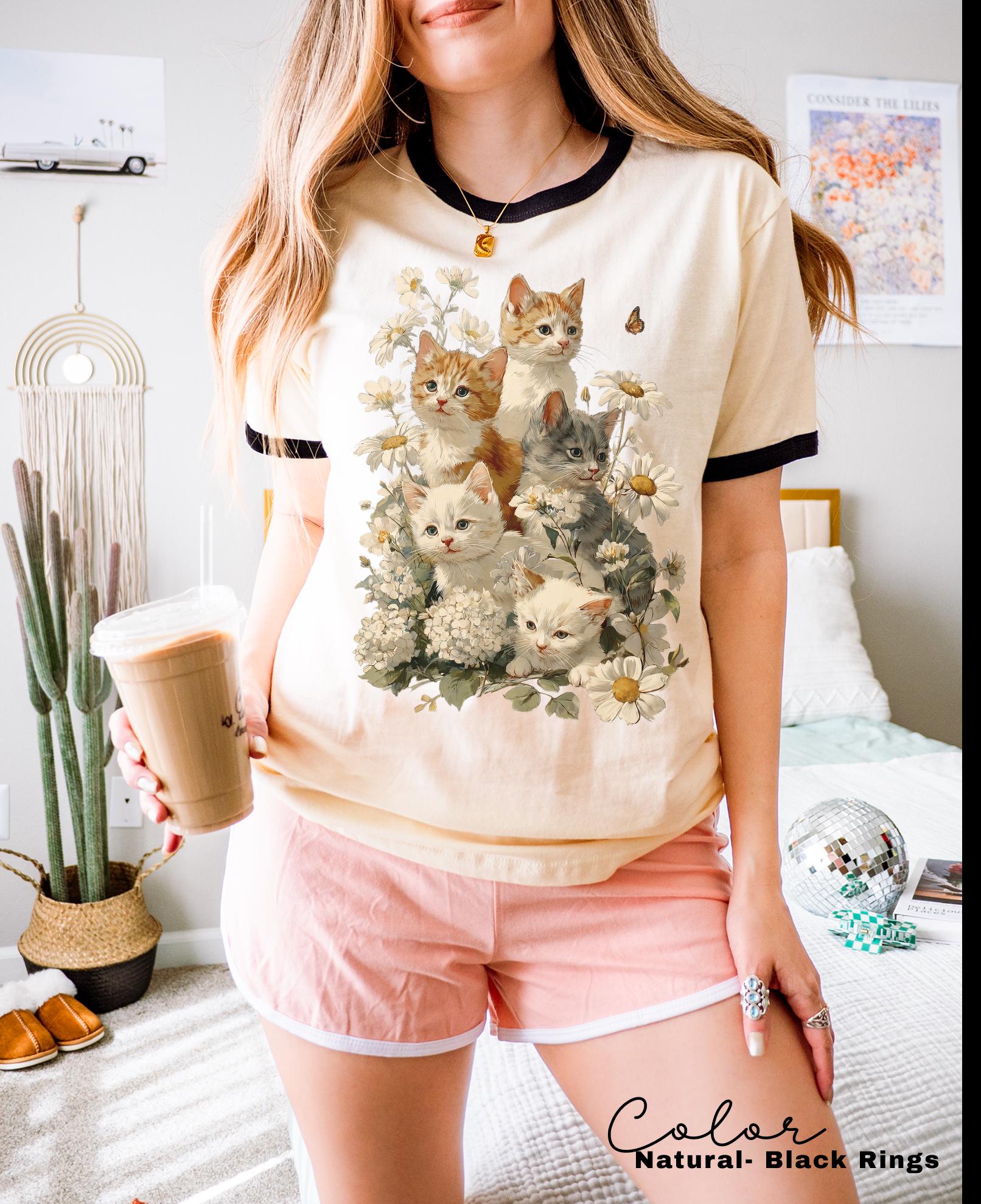 Retro Kitten Floral Ringer Shirt, 90s Vintage Cute Cats, Boho Unisex Floral Cat Butterfly Graphic, Retro Animal Top