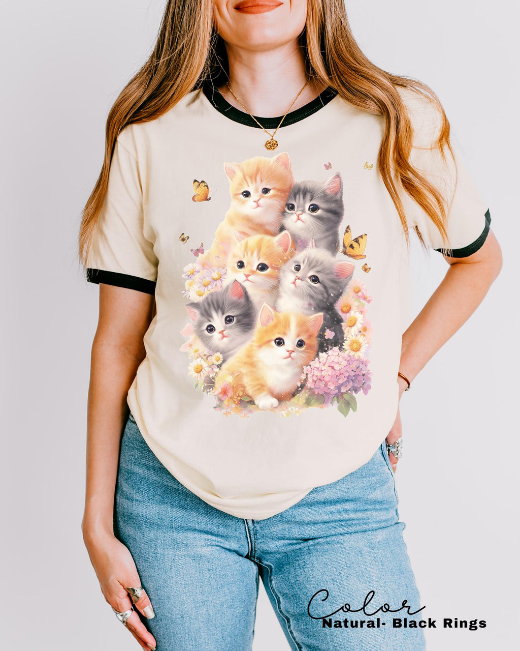 Retro Kitten Ringer Shirt Vintage Floral Cat Tee Cottagecore Cat Lover Gift