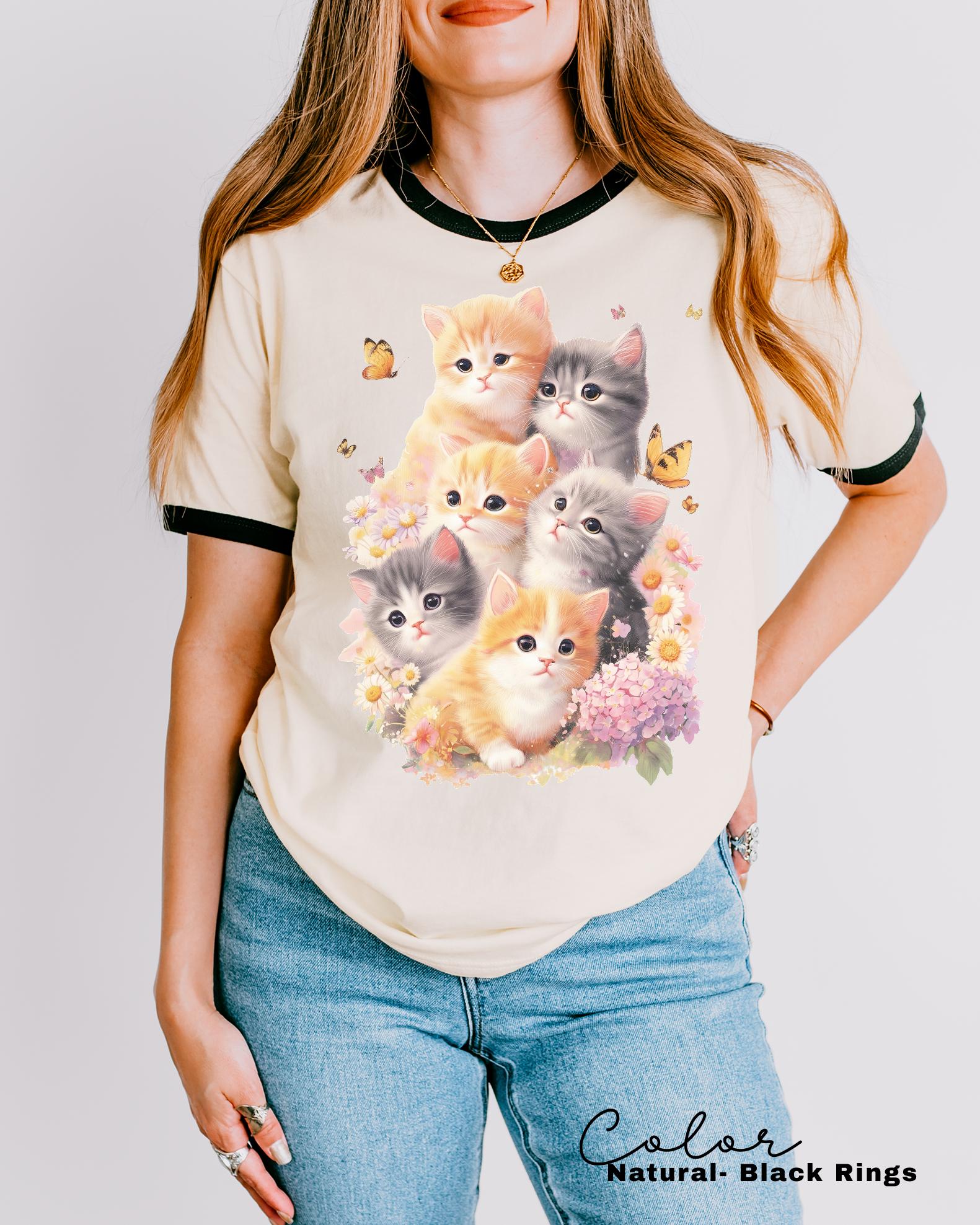 Retro Kitten Ringer Shirt Vintage Floral Cat Tee Cottagecore Cat Lover Gift