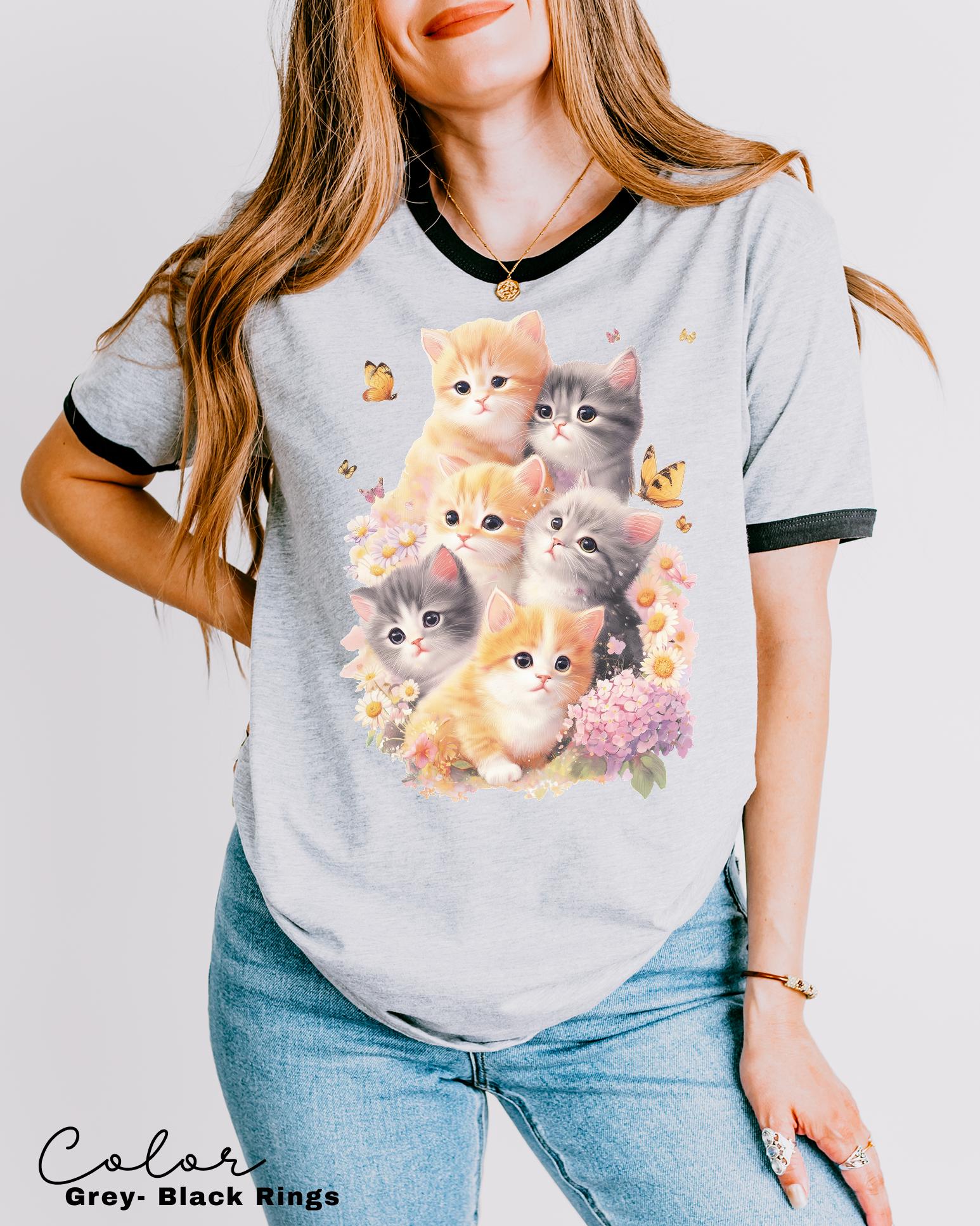 Retro Kitten Ringer Shirt Vintage Floral Cat Tee Cottagecore Cat Lover Gift
