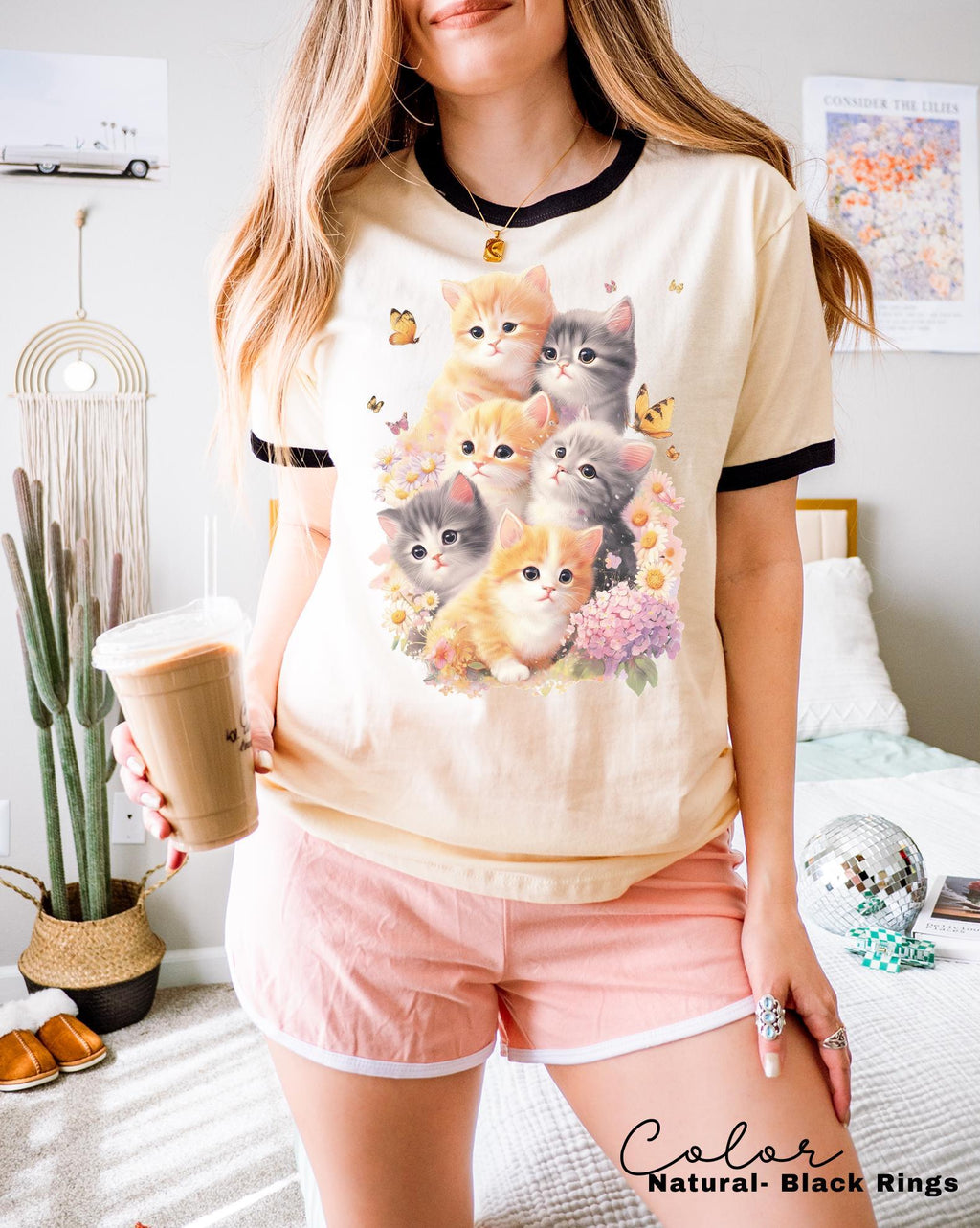 Retro Kitten Ringer Shirt Vintage Floral Cat Tee Cottagecore Cat Lover Gift