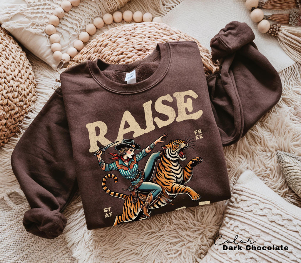 Retro Cowgirl Tiger Shirt, Raise Hell T-Shirt, Western Sweatshirt, Feminist Sweatshirt, Freedom Tee