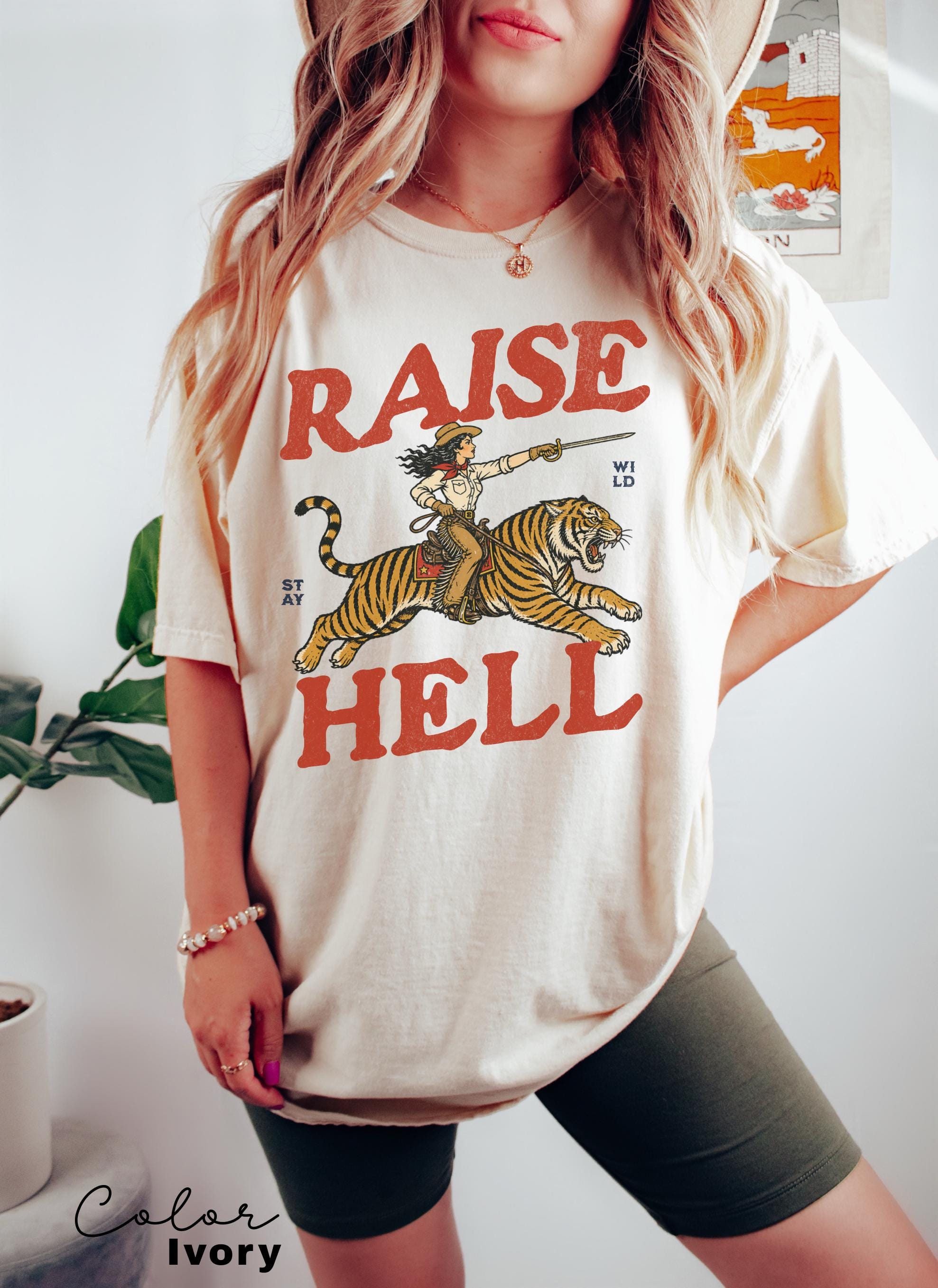 Retro Cowgirl Tiger Shirt, Raise Hell T-Shirt, Western Sweatshirt, Feminist Sweatshirt, Freedom Tee