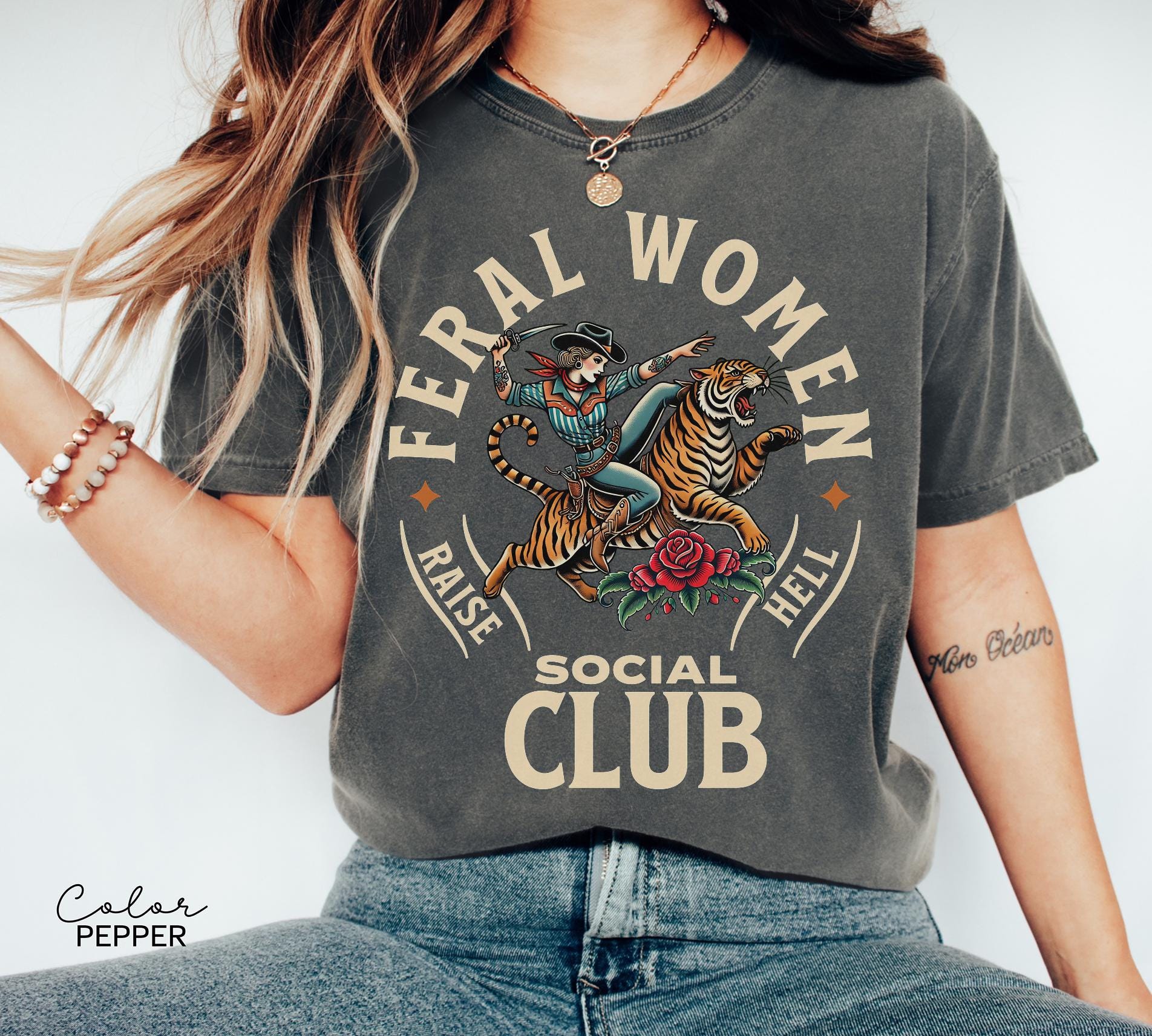 Feral Women Social Club Shirt, Retro Tiger Feminist T-Shirt, Western Sweatshirt, Raise Hell, Resist Shirt, Freedom Tee