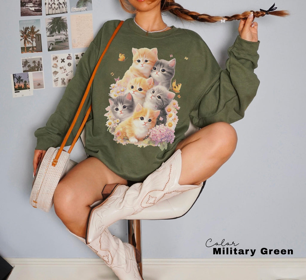 Retro Kitten Shirt Vintage Floral Cat Tee Cottagecore Cat Lover Gift