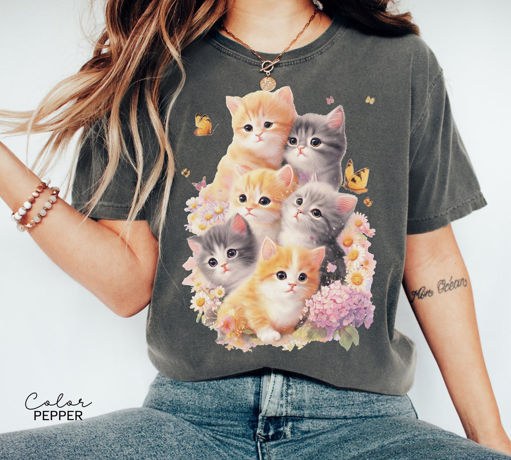 Retro Kitten Shirt Vintage Floral Cat Tee Cottagecore Cat Lover Gift