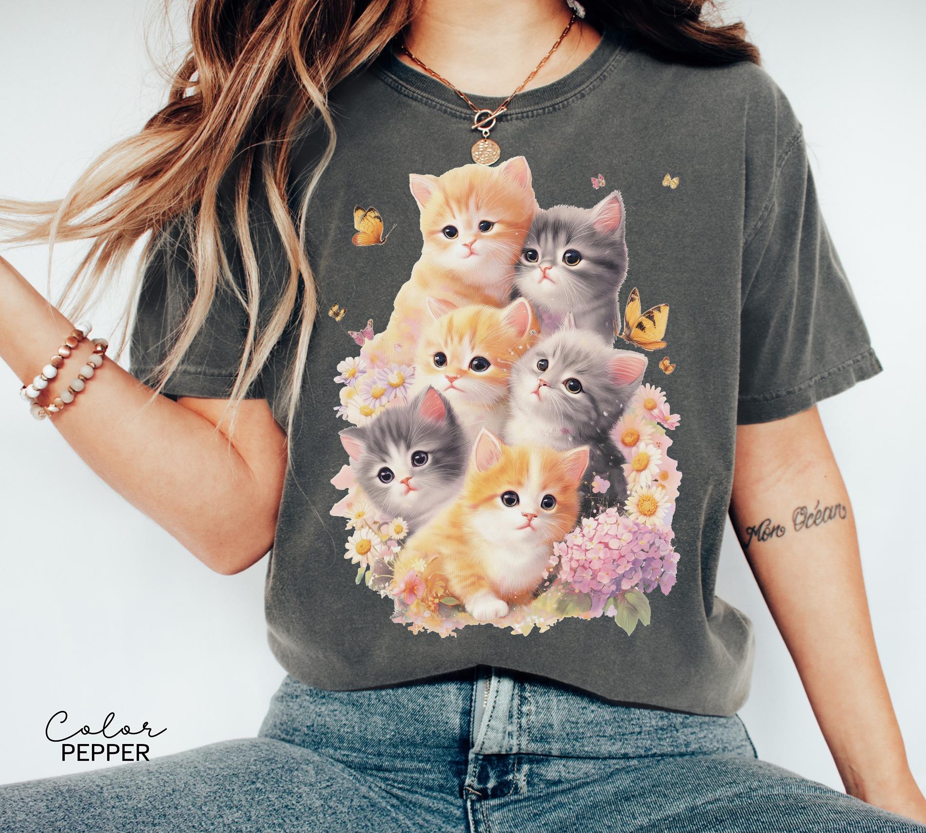 Retro Kitten Shirt Vintage Floral Cat Tee Cottagecore Cat Lover Gift