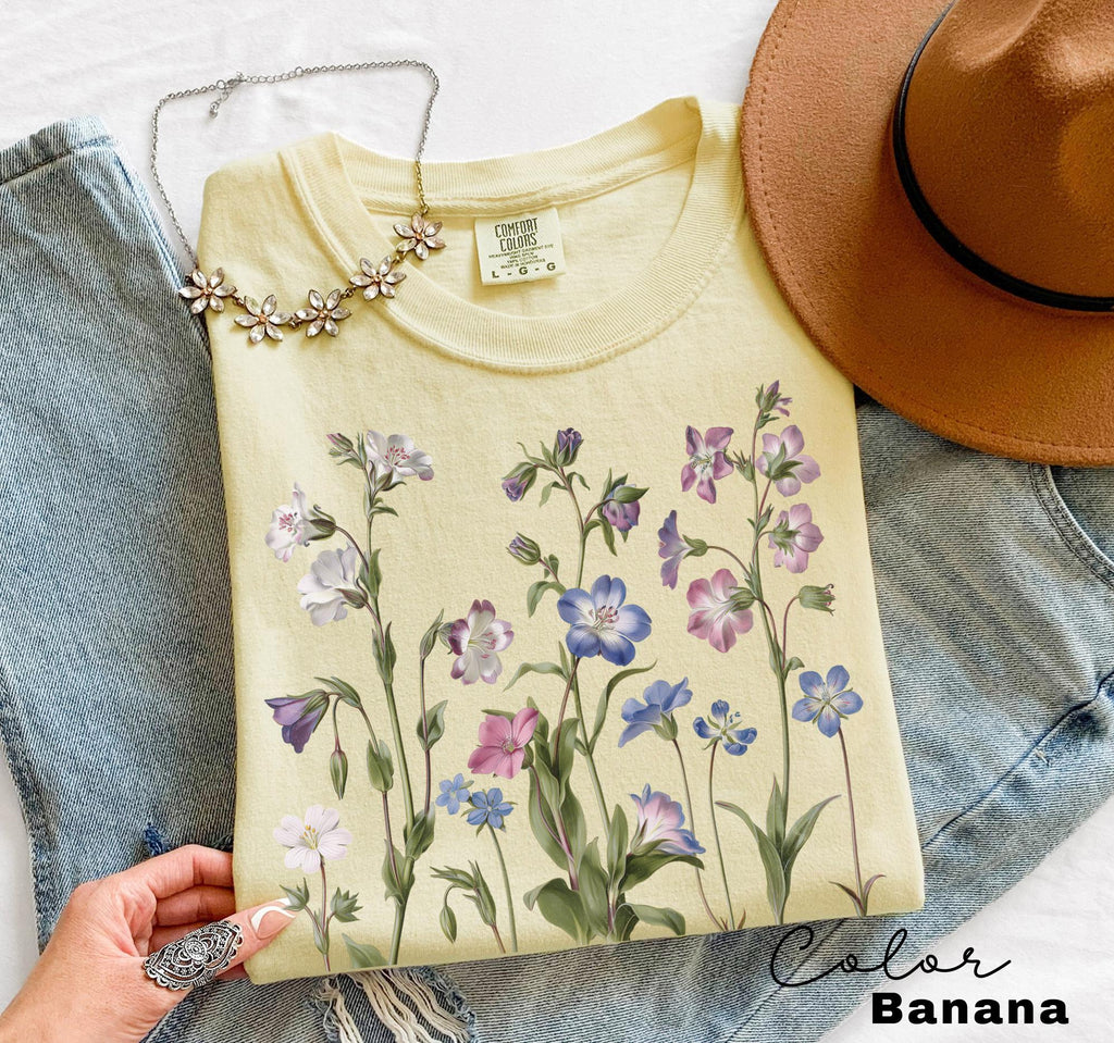 Vintage Wildflower Botanical Graphic Tee, Retro Cottagecore Comfort Colors® T-Shirt, Garden Flower Shirt