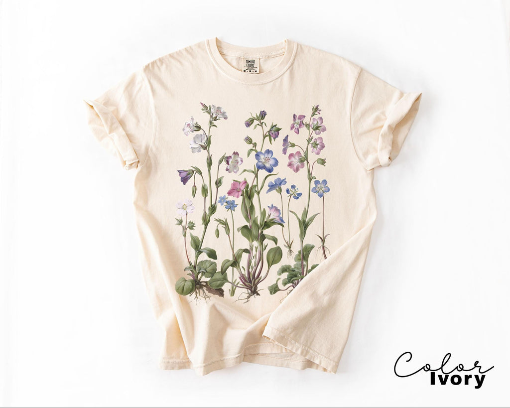 Vintage Wildflower Botanical Graphic Tee, Retro Cottagecore Comfort Colors® T-Shirt, Garden Flower Shirt